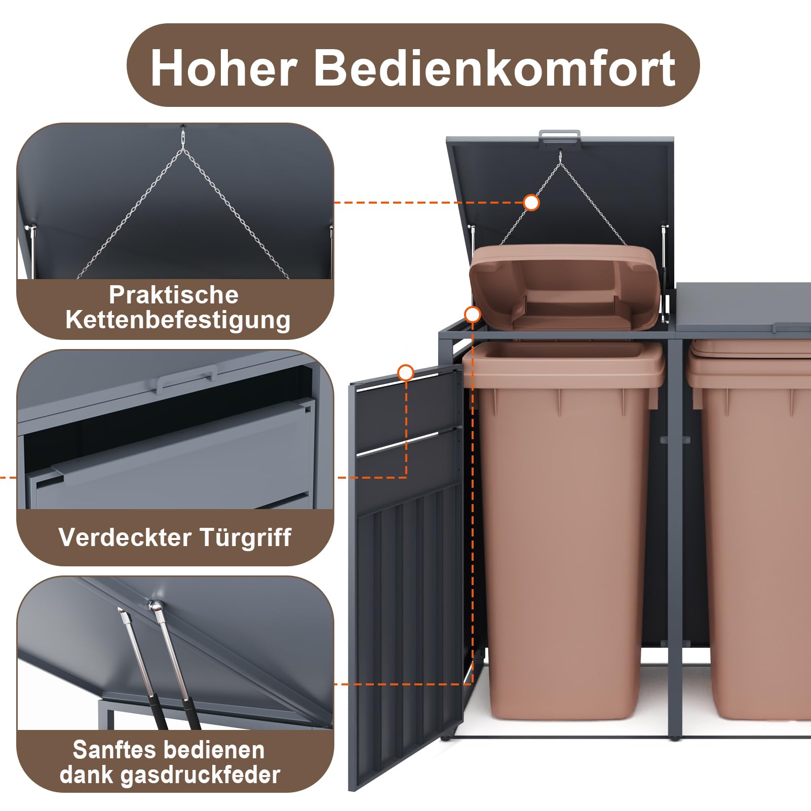 OMERAI Mülltonnenbox 2er für 2 Mülltonne bis 240L - Hochwertige Mülltonnenverkleidung - Wetterfest- Anthrazit Verzinkter Stahl mit Holzoptik - Müllbox Mülltonnecontainer
