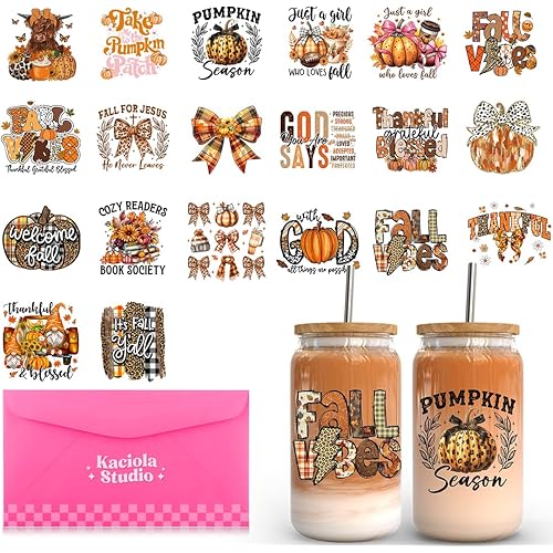 20 Sheets Fall UV DTF Cup Wrap -Pumpkin Thanksgiving Theme UV DTF Cup Wraps for 16 oz Glass Mugs Coffee, UV DTF Decals Waterproof Rub on Transfer Stickers DIY Mug Glasses Crafting