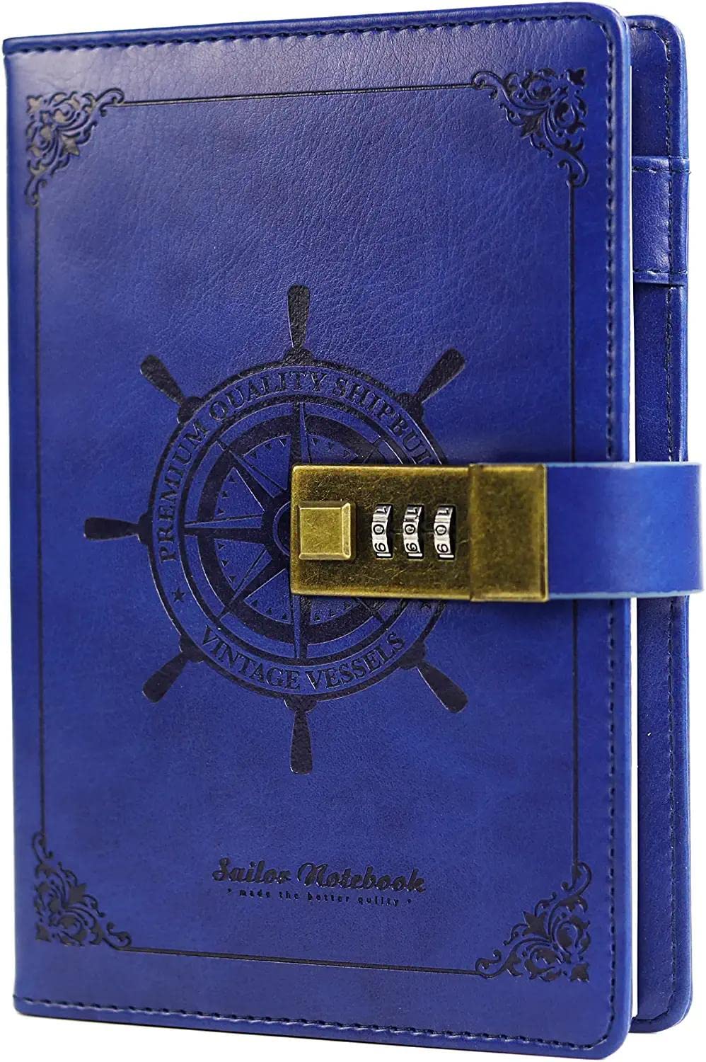 B6 Journal Vintage Brown Rudder Leather Journal Diary Notebook Three-Digit Password Combination Lock Creative Stationery (Blue)