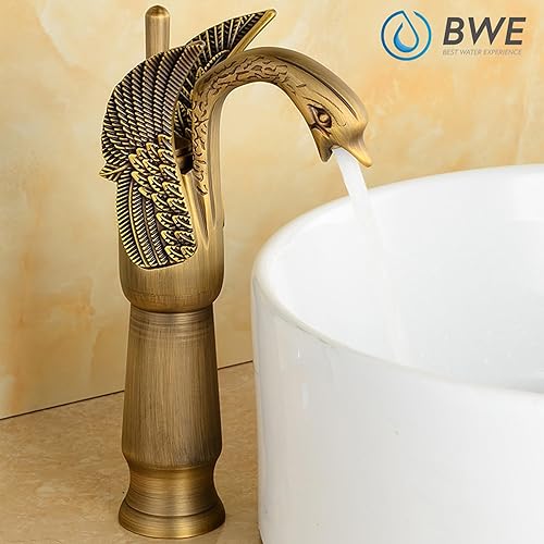 Miniatura 5 de BWE Grifo de cisne de un solo agujero, dorado, a juego, desagüe desplegable sin tapón de desbordamiento y línea de suministro, grifo de lavabo de