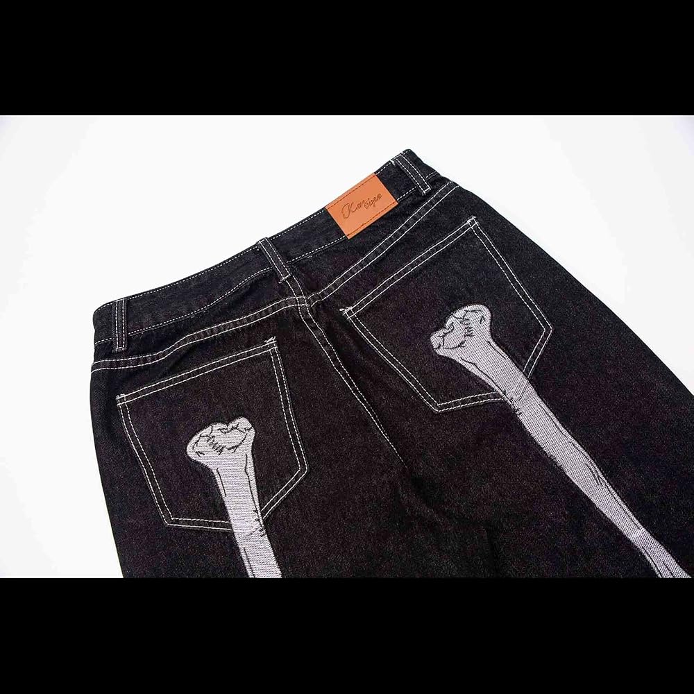 【SUPPLIER】 BONE EMBROIDERY DENIM PANTS Retro Skull Hand Bone Embroidery Washed Mens Jeans Pants