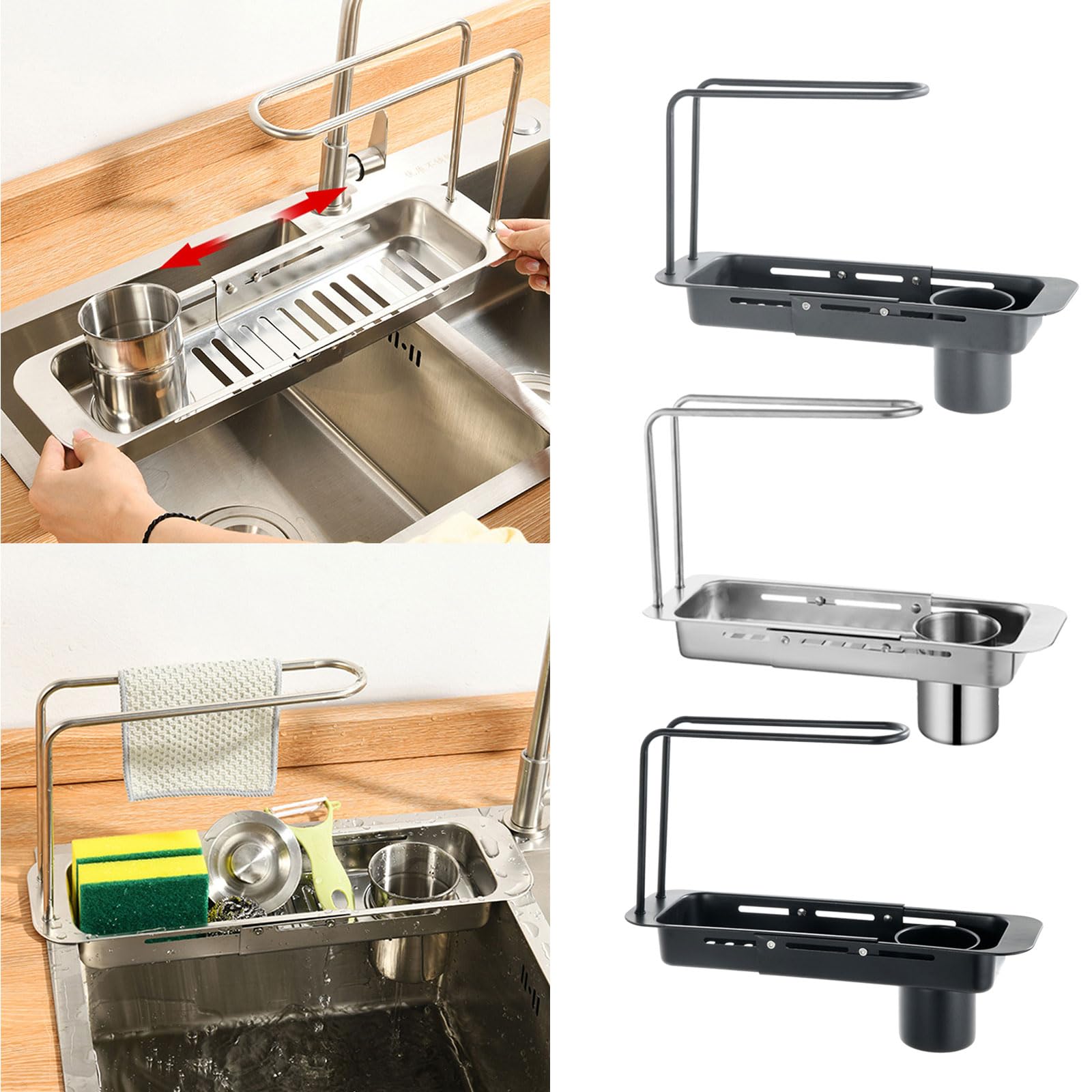 Cestino da cucina estensibile sopra il lavello, cestino da cucina in acciaio inox con design a doppio strato per un'organizzazione ottimale, portaoggetti multifunzionale per lavello