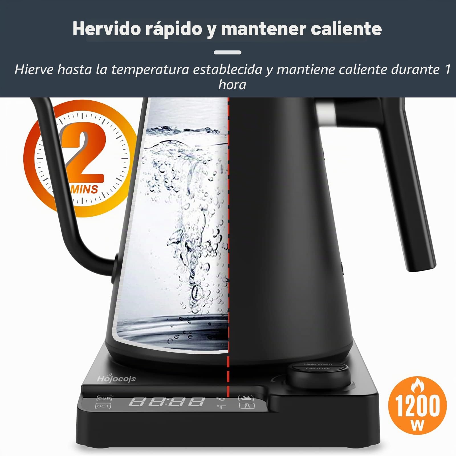 Hervidor Agua Eléctrico,Tetera Gooseneck,Pour Over Kettle & Coffee Kettle,100% Acero Inoxidable,Calentamiento Rápido de 1200W,1 Litro, Negro