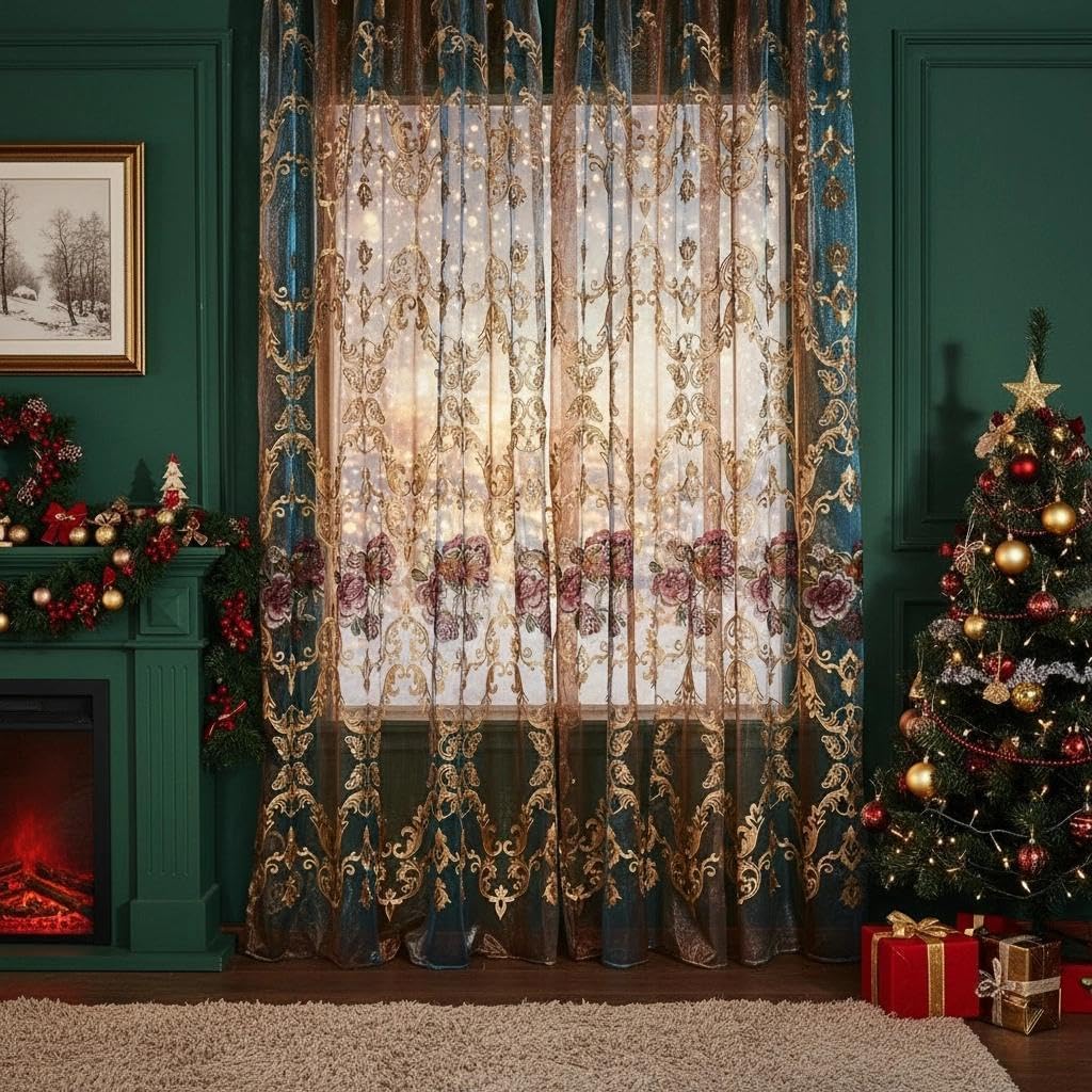 NAPEARL Luxury Embroidered Curtains for Living Room, European Style Curtain Drapes with Floral Patterns Pull Pleated Tape (52W x 84L, Floral 1)
