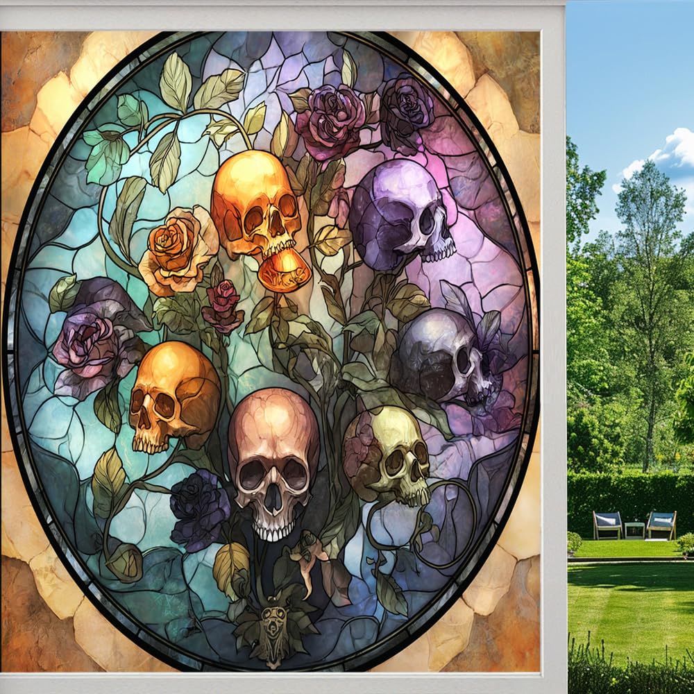 Fantasy Skull Privacy Window Film, Floral Gothic Horror Bones Frosted Self-Adhesive Vinyl Cling for Glass Doors Bathroom Windows Sun Blocking Heat Control,（55x120cm）