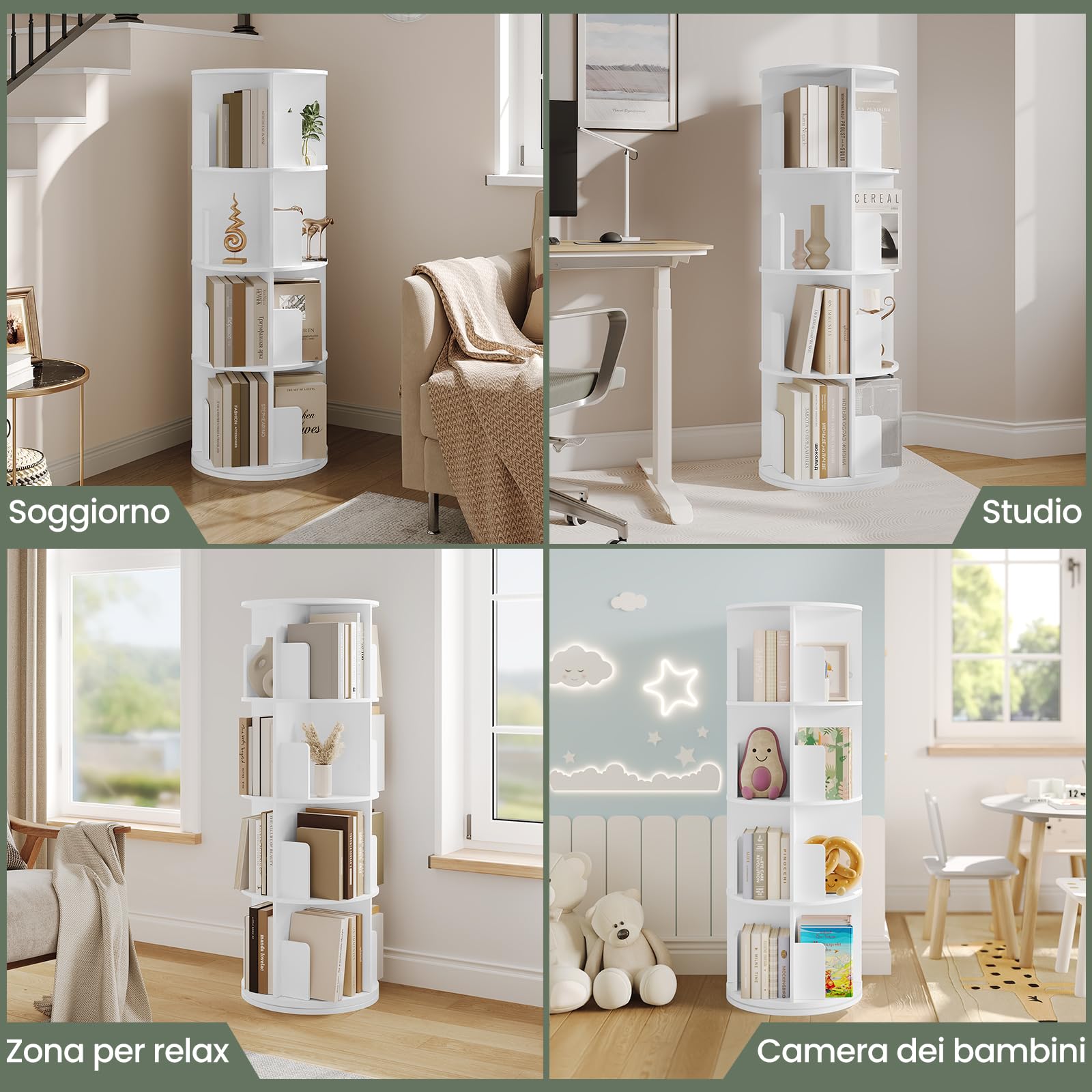 EUGAD Libreria Rotante, Libreria Angolare a 4 Livelli 16 Scomparti, Scaffale Autoportante per Soggiorno, Camera da letto, Ufficio, Studio, in Legno, Bianco