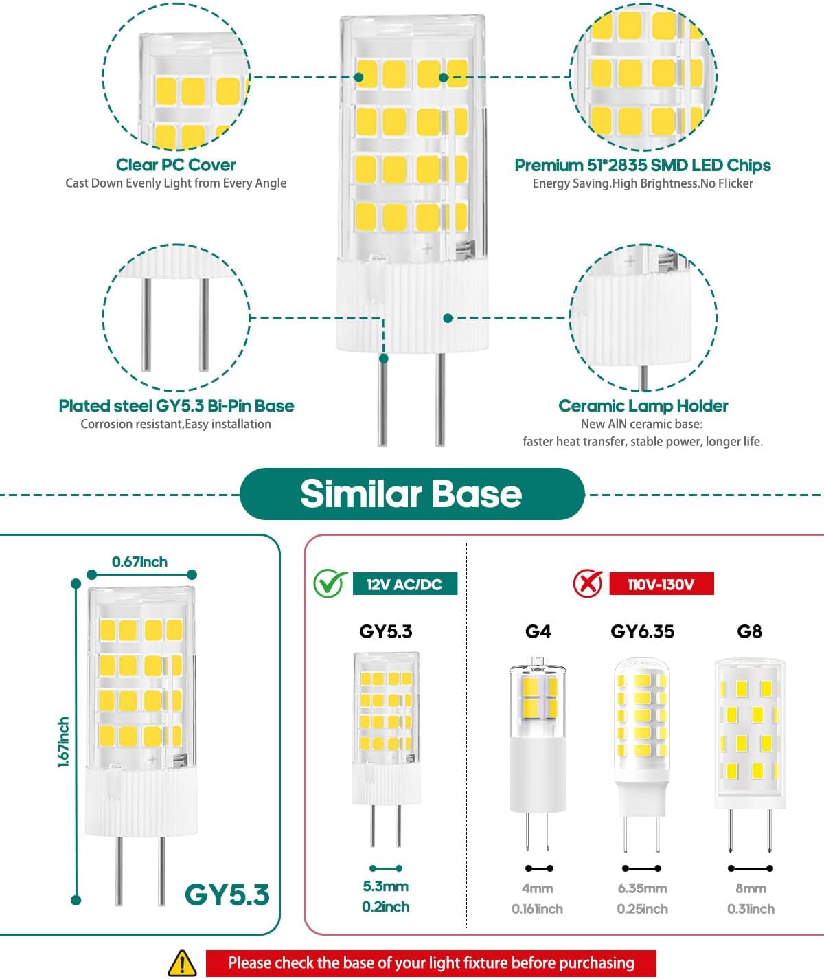 G5.3 12-24V AC/DC LED Bulbs 4 Watt Equivalent 40W Halogen JC Bi-Pin Base Light 400LM Non-dimmable for Track Light, Landscape (Warm White 3000K 4PACK)