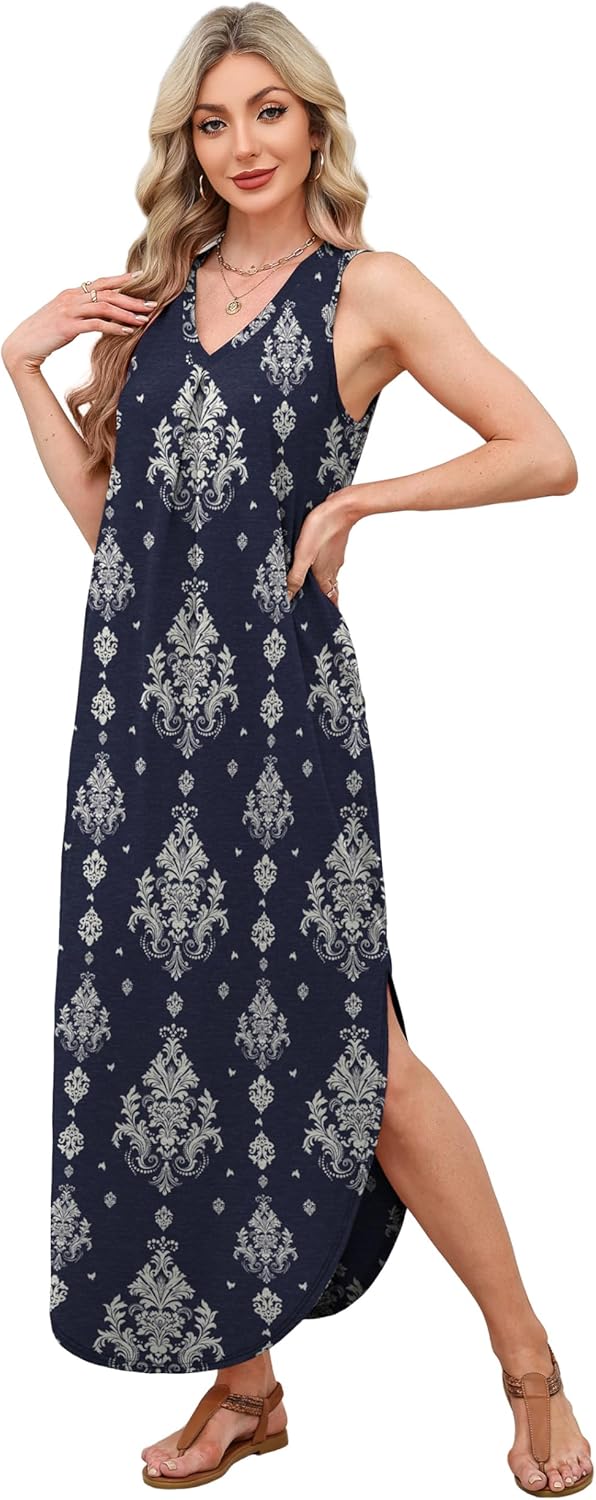 OFEEFAN Maxi Dresses for Women 2026 Loose V Neck Sleeveless Casual Beach Vacation Dress Side Slit Sundresses with Pockets - Image 4