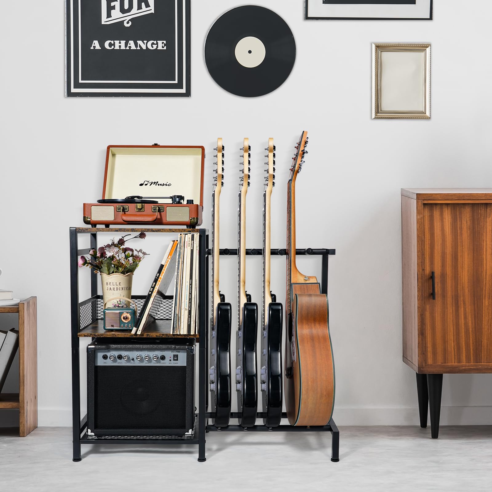 ikkle Gitarrenständer Mehrere Gitarrenständer mit 3 Etagen Plattenspieler-Ständer Gitarren Bodenständer mit Vinyl Schallplatten Schrankhalter für Akustik-, E-Gitarre, Bass, Halterung
