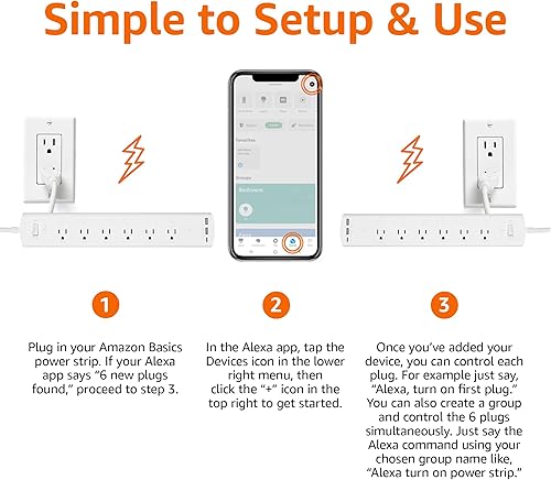 Miniatura 4 de Tienda Basics Regleta de enchufe inteligente con 6 tomas controladas individualmente y 3 puertos USB (2 USB-A y 1 USB-C), funciona solo con Alexa,