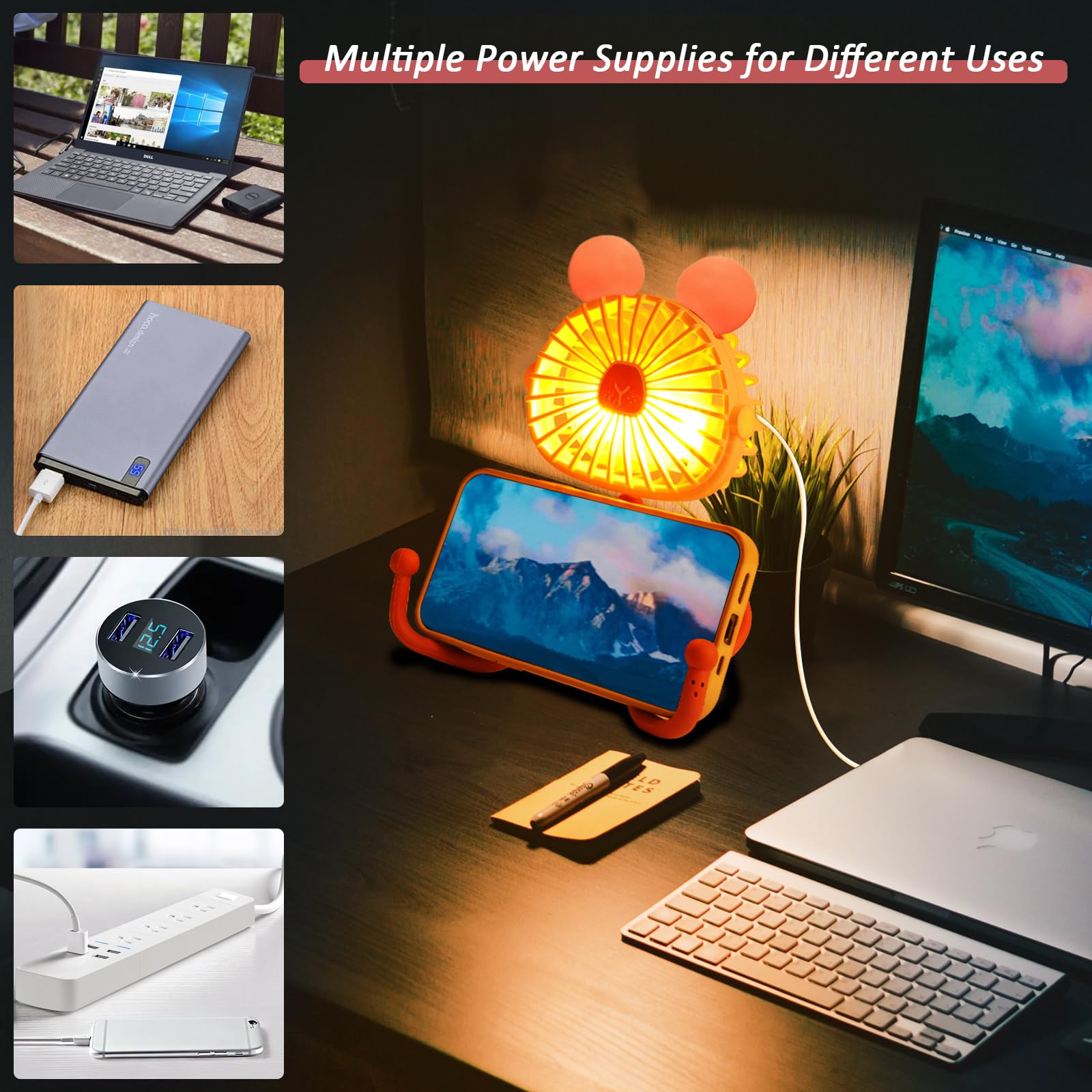 Ventilatore per Passeggino con Orecchie da Topo, Ventilatore USB con Treppiede Flessibile, Ventilatore da Scrivania Personale Ricaricabile con Luce LED per Tapis Roulant Passeggino Seggiolino Auto
