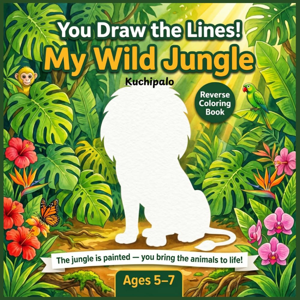 You Draw The Lines , My Wild Jungle: A Reverse Coloring Book for Kids Ages 5-7 — Draw Lions, Elephants, Monkeys and More Into Already-Painted Jungle ... Drawing Pages (You Draw the lines Series)