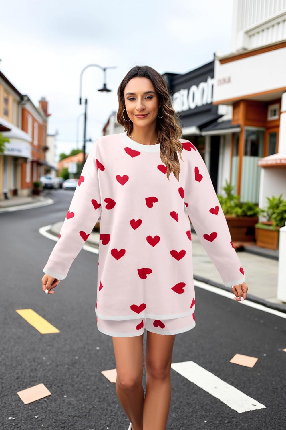 MYHALF Valentine's Day Sweater Sets Heart Sweater for Women Long Sleeve Knit Sweater and Shorts 2 Piece Outfits