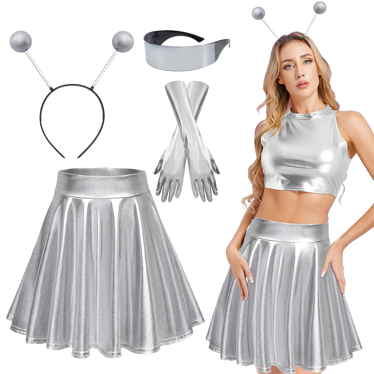 Alien Kostüm Set – Glitzer Haarreif, Metallischer Faltenrock, Handschuhe & Brille, Für Karneval & Halloween