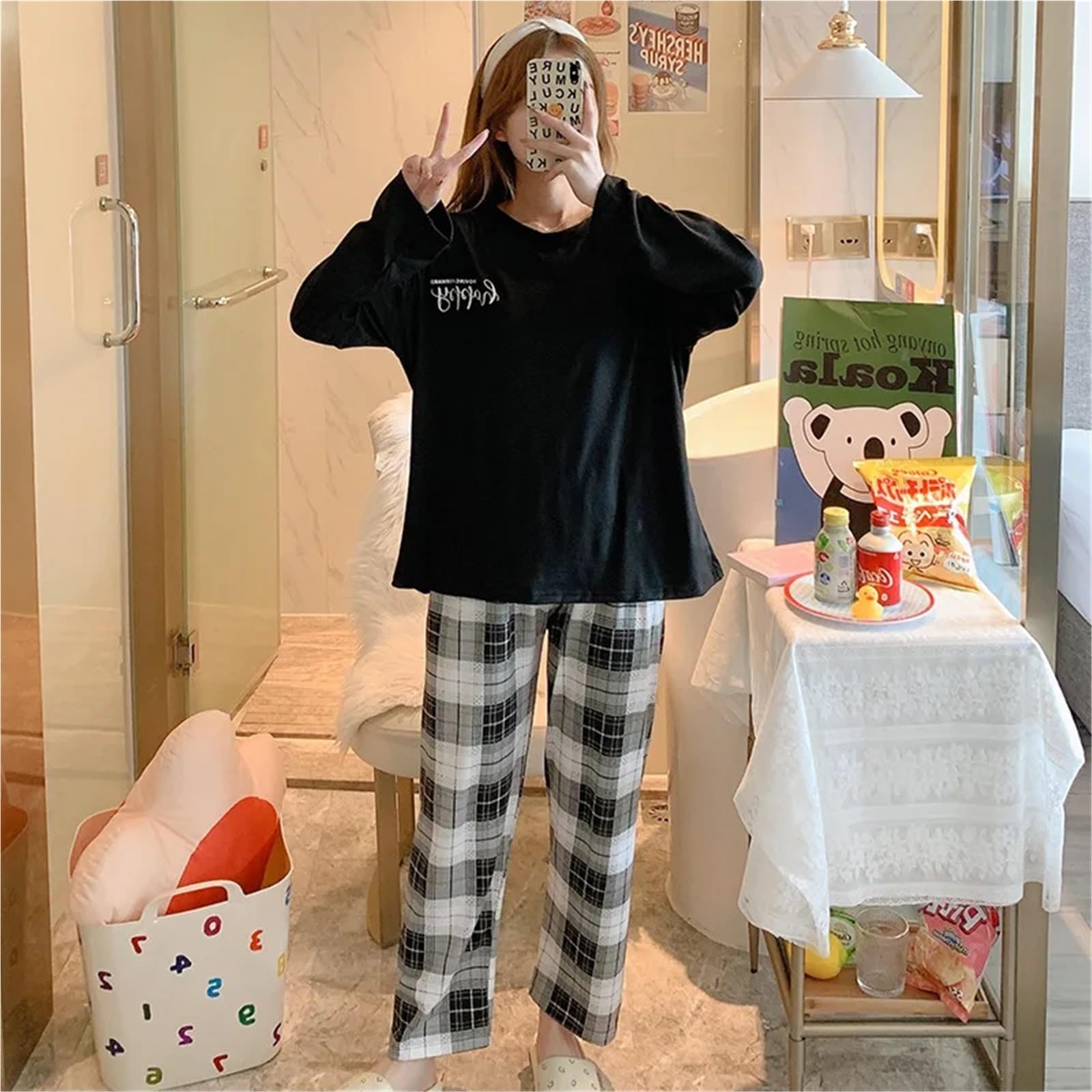 Women's Two-Piece Pajamas Set, Spring and Autumn Homewear, Long-Sleeved Trousers Suit, Simple and Wearable Outside(Blue)