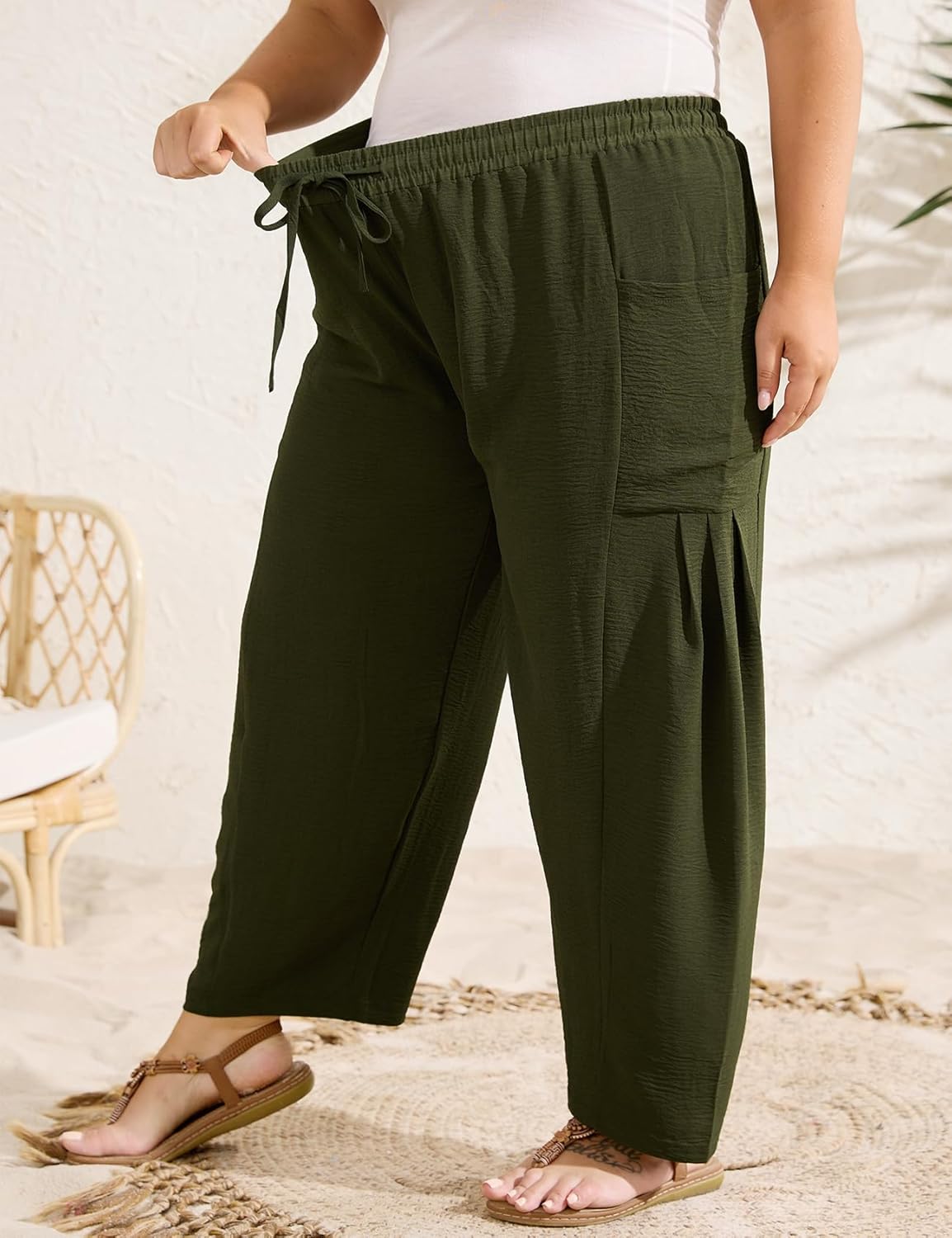 Plus Size Pants for Women Palazzo Harem Drawstring Lantern Pants Summer Ankle Beach Trousers with Pockets - Image 6