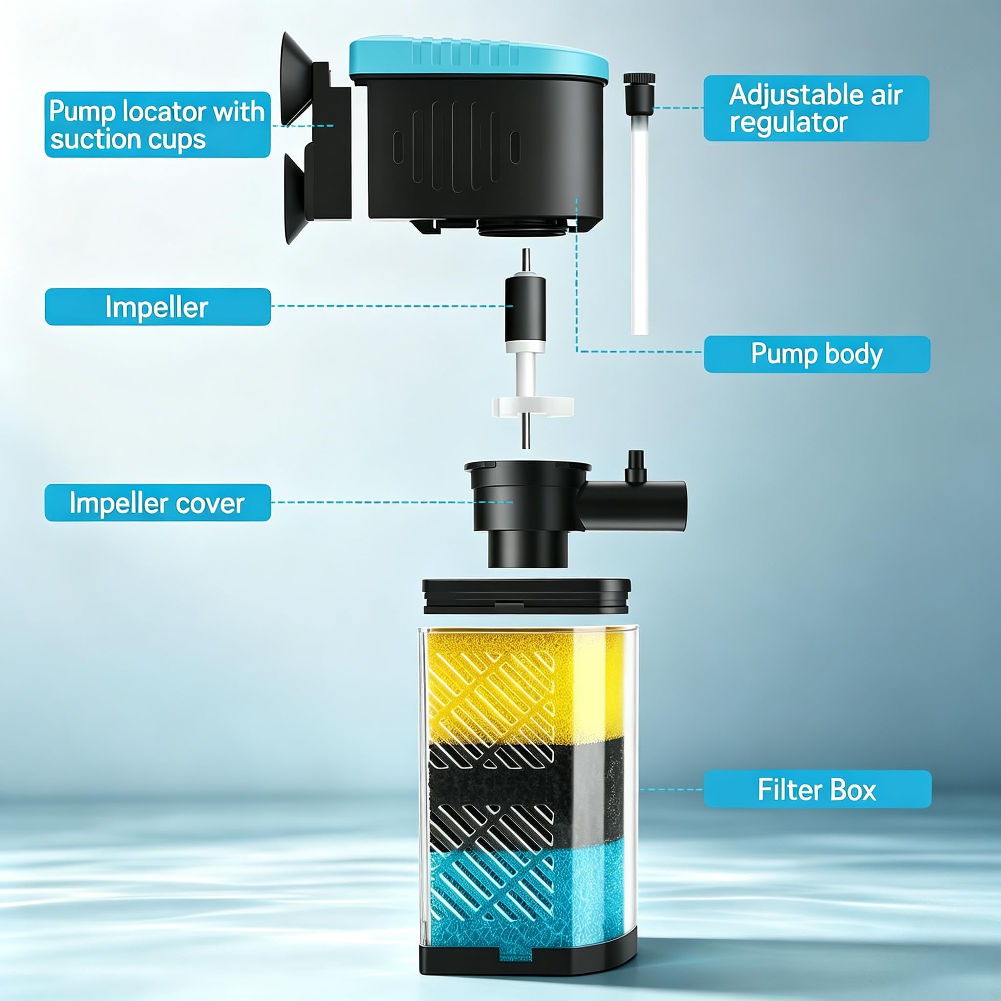 AquaMiracle® Filtro per acquario a 3 stadi filtro interno per acquario Filtro per tartarughe per acquari da 40-70 galloni con doppia uscita d'acqua e aerazione, flusso regolabile