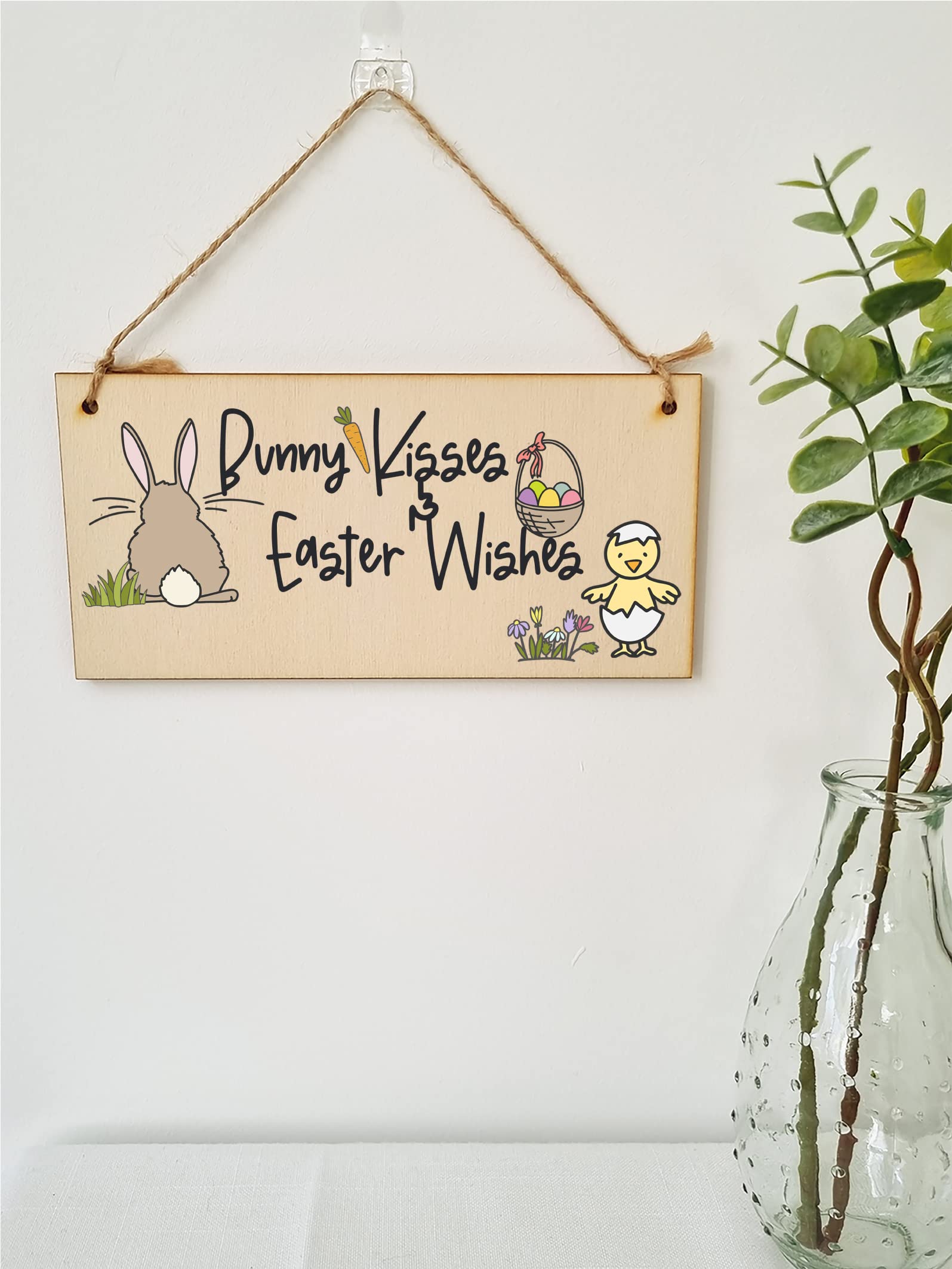 The Plum Penguin Handmade Wooden Hanging Wall Plaque Bunny Kisses Easter Wishes Cute Fun Easter Sign Garden Kitchen Decoration - Image 2