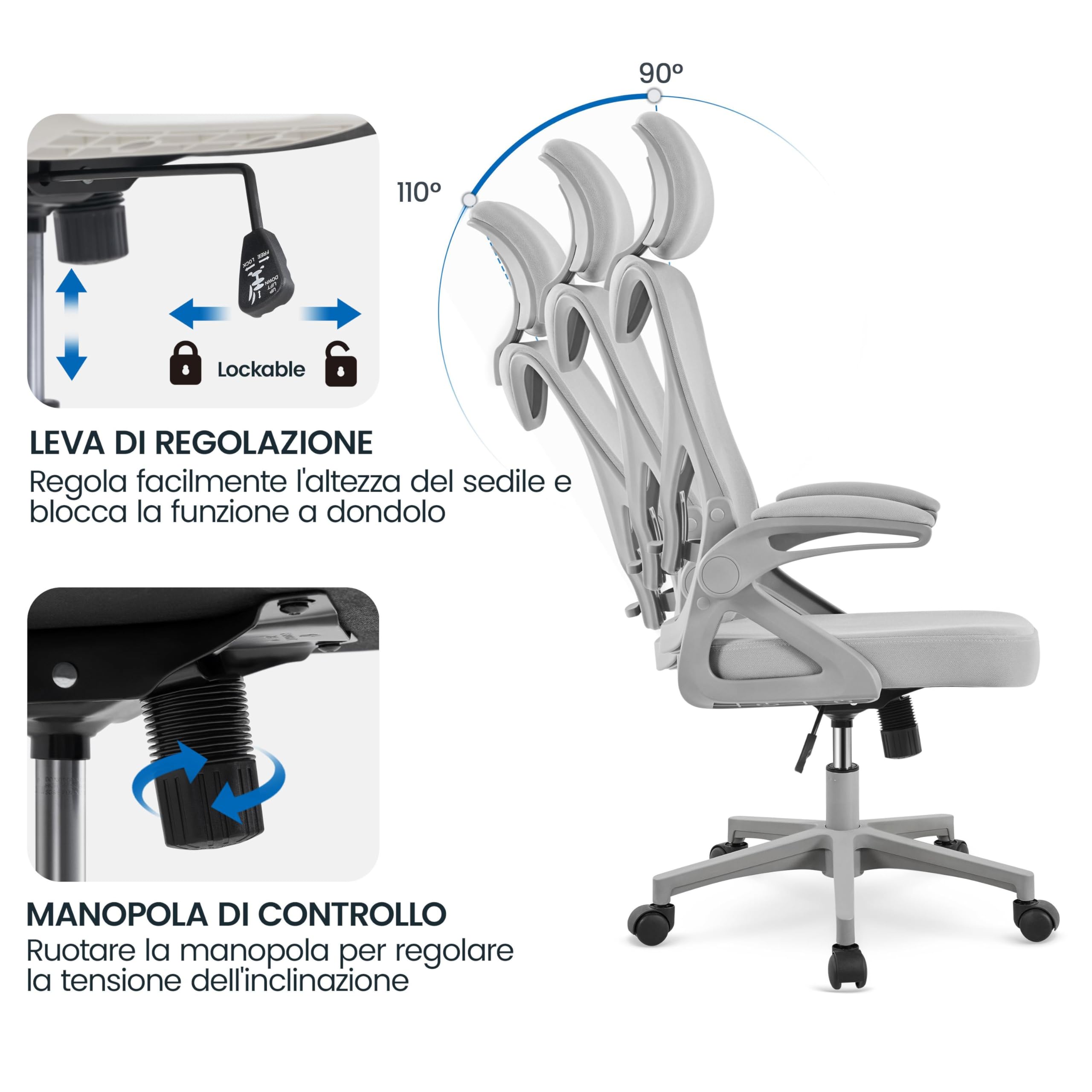 Yaheetech Ergonomiczne krzesło biurowe z podłokietnikami, regulowany zagłówek, wysokie oparcie, funkcja huśtawki, krzesło obrotowe z oddychającej siatki z podparciem lędźwiowym, kolor szary
