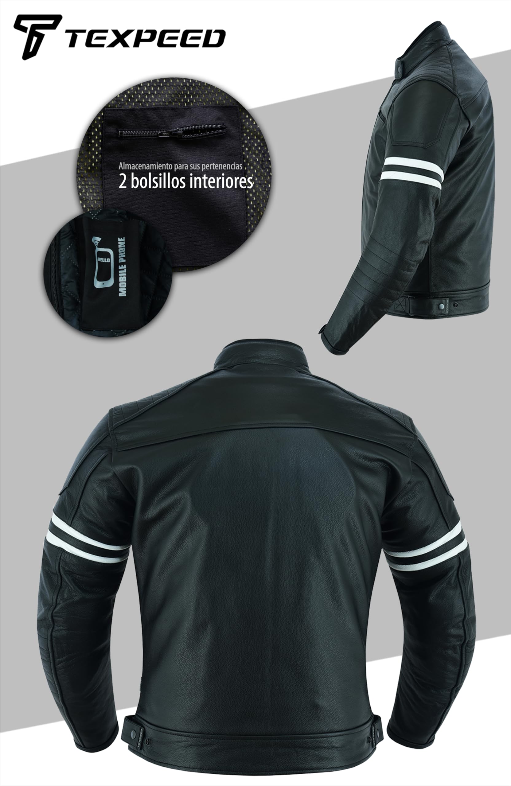 Texpeed Chaqueta de moto de cuero hombre - Chaqueta de moto de turismo con auténtica protección CE (EN 1621-1) y diseño Café Racer - Negra con franja blanca - XL