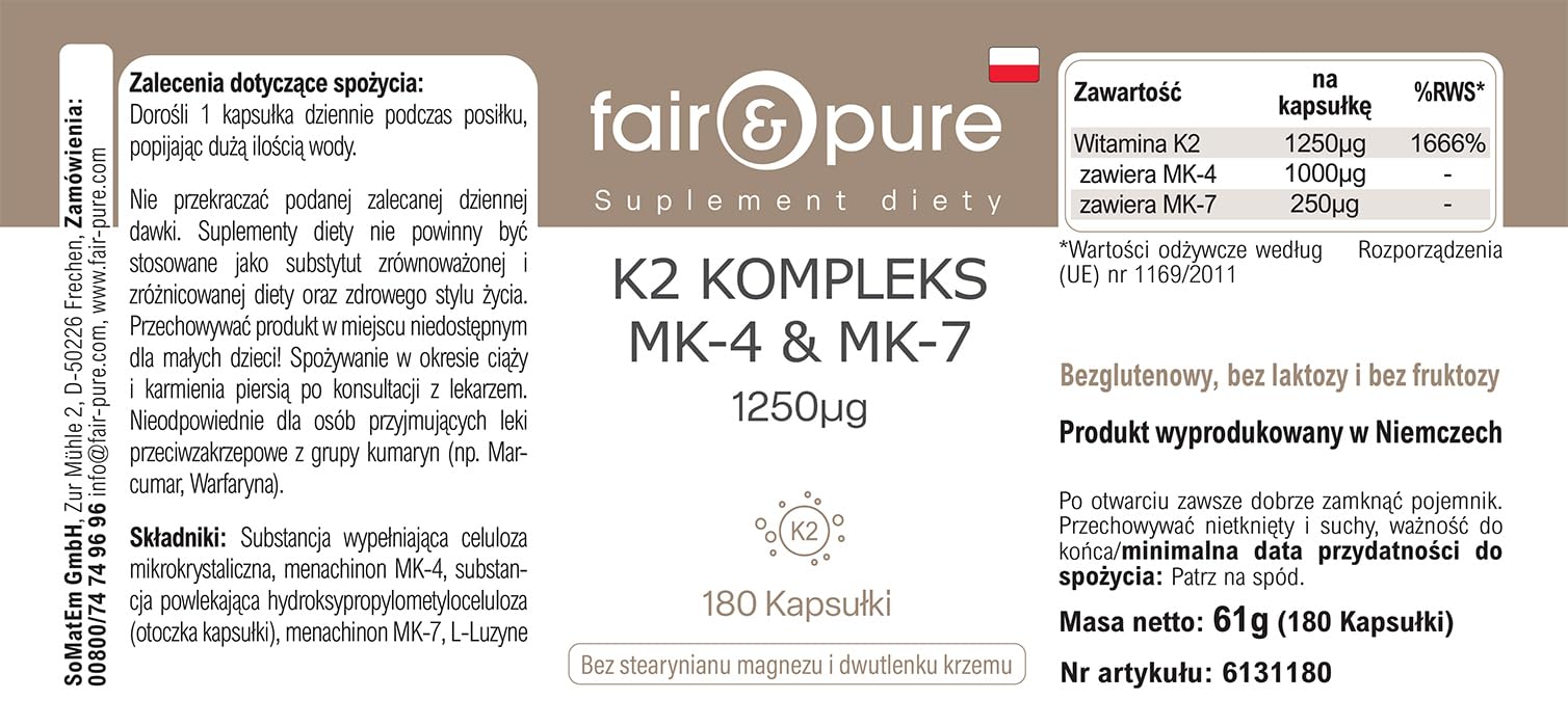 Fair & Pure® - Complexe de K2 1250µg MK-4 & MK-7 - végan - dosage élevé - 180 gélules
