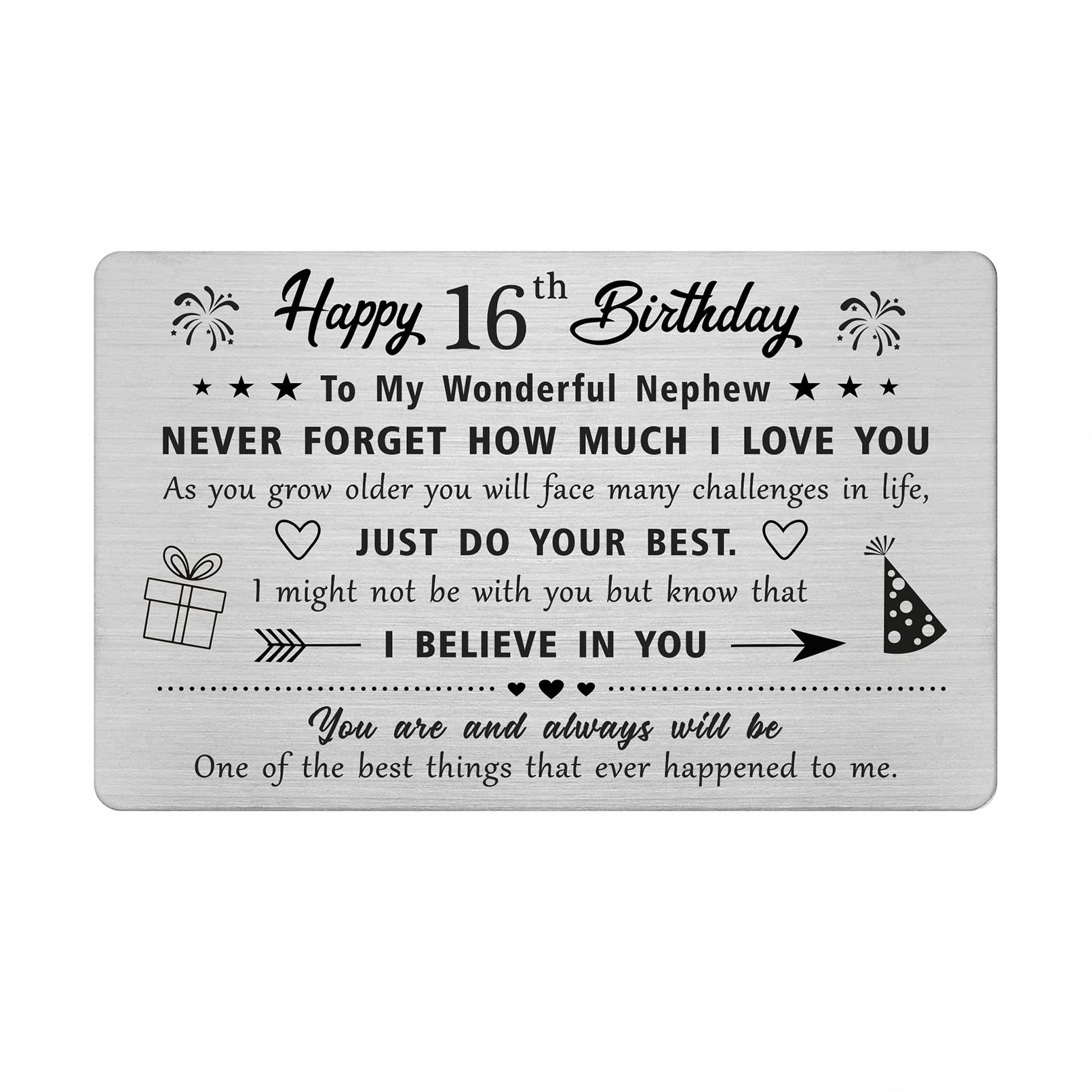 FALOGIJE 16th Birthday Card Gifts for Nephew, Birthday Gifts for 16 Year Old Nephew, Engraved Metal Wallet Card
