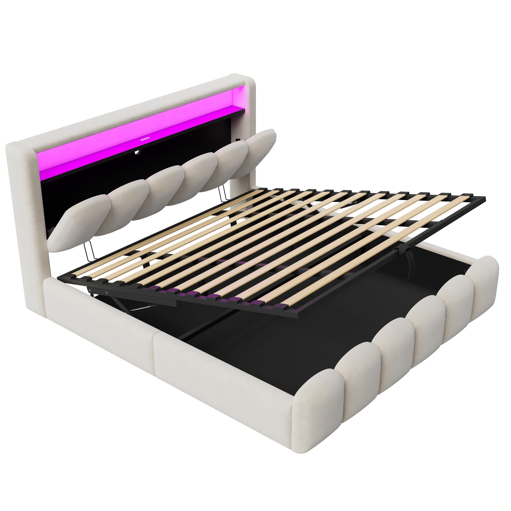 Sapgaks Lit 180x200 avec Sommier LED et USB C, Lit Coffre 180x200 avec Rangement et Tete Réglable, Capitonné Double avec à Lattes, Rembourré 2 Personnes Cadre de Velours(sans Matelas)