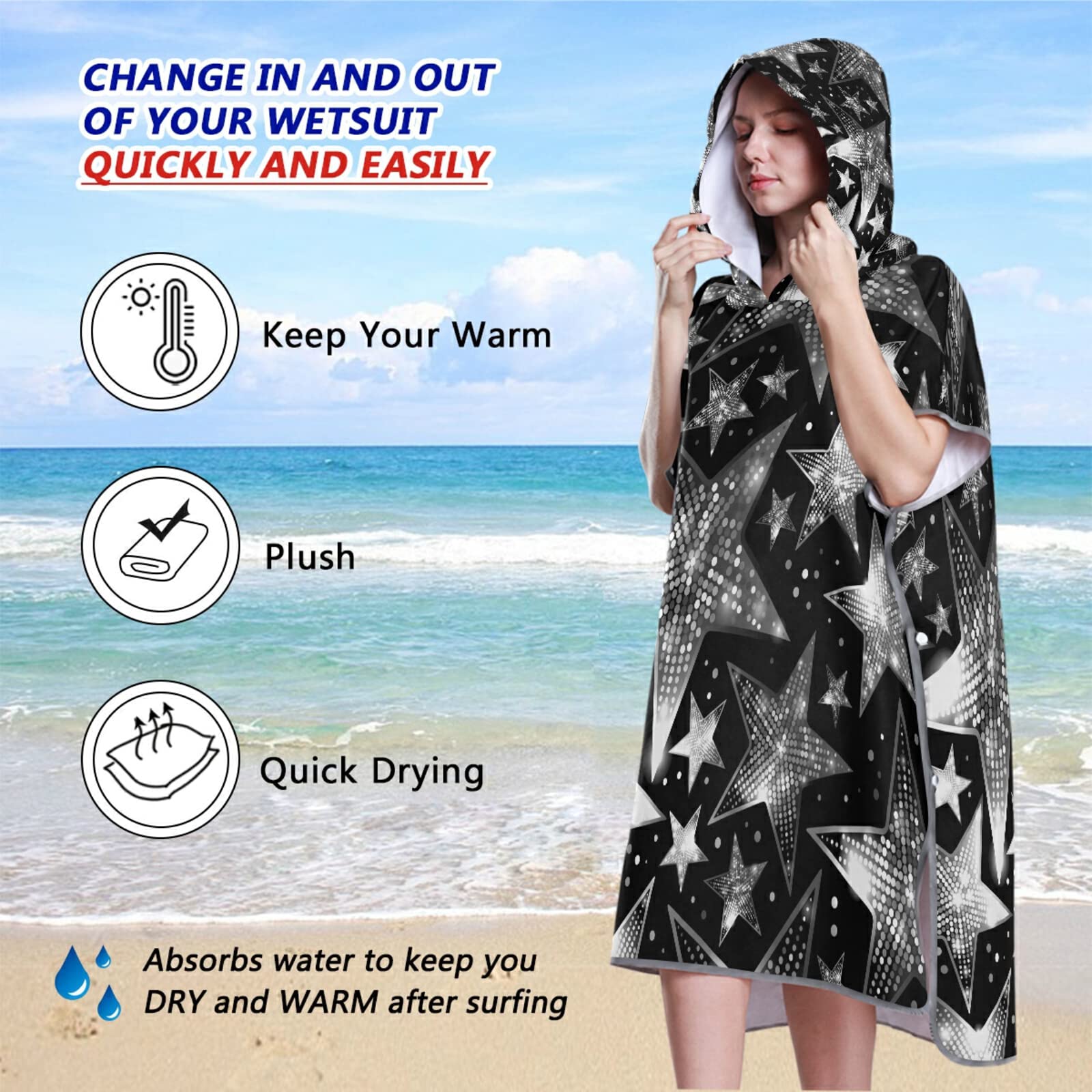 Poncho de surf noir avec capuche et poche, séchage rapide, en microfibre pour bain, plage, extérieur