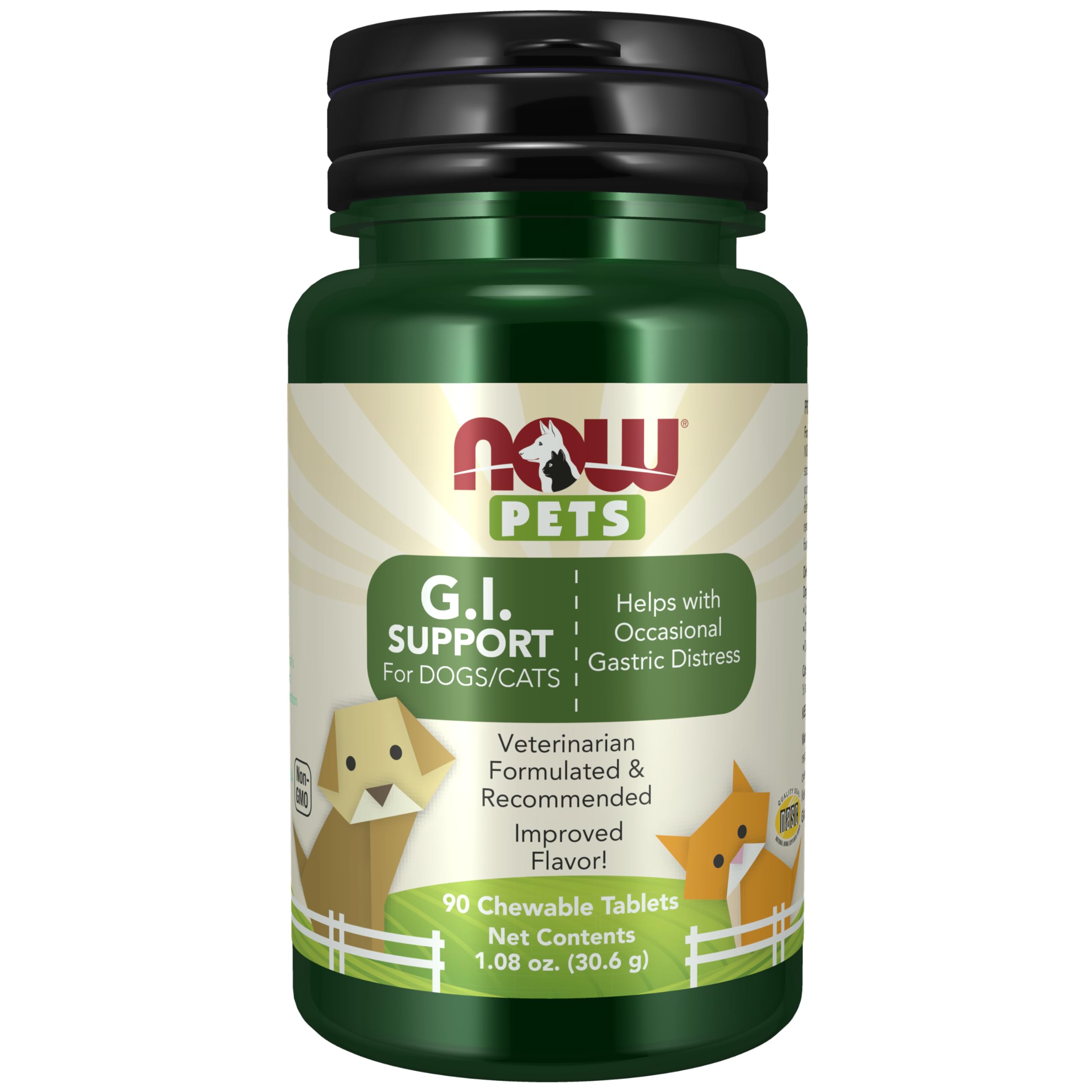 NOW Pet Health, G.I. Support Supplement, Formulated for Cats & Dogs, NASC Certified, 90 Chewable Tablets