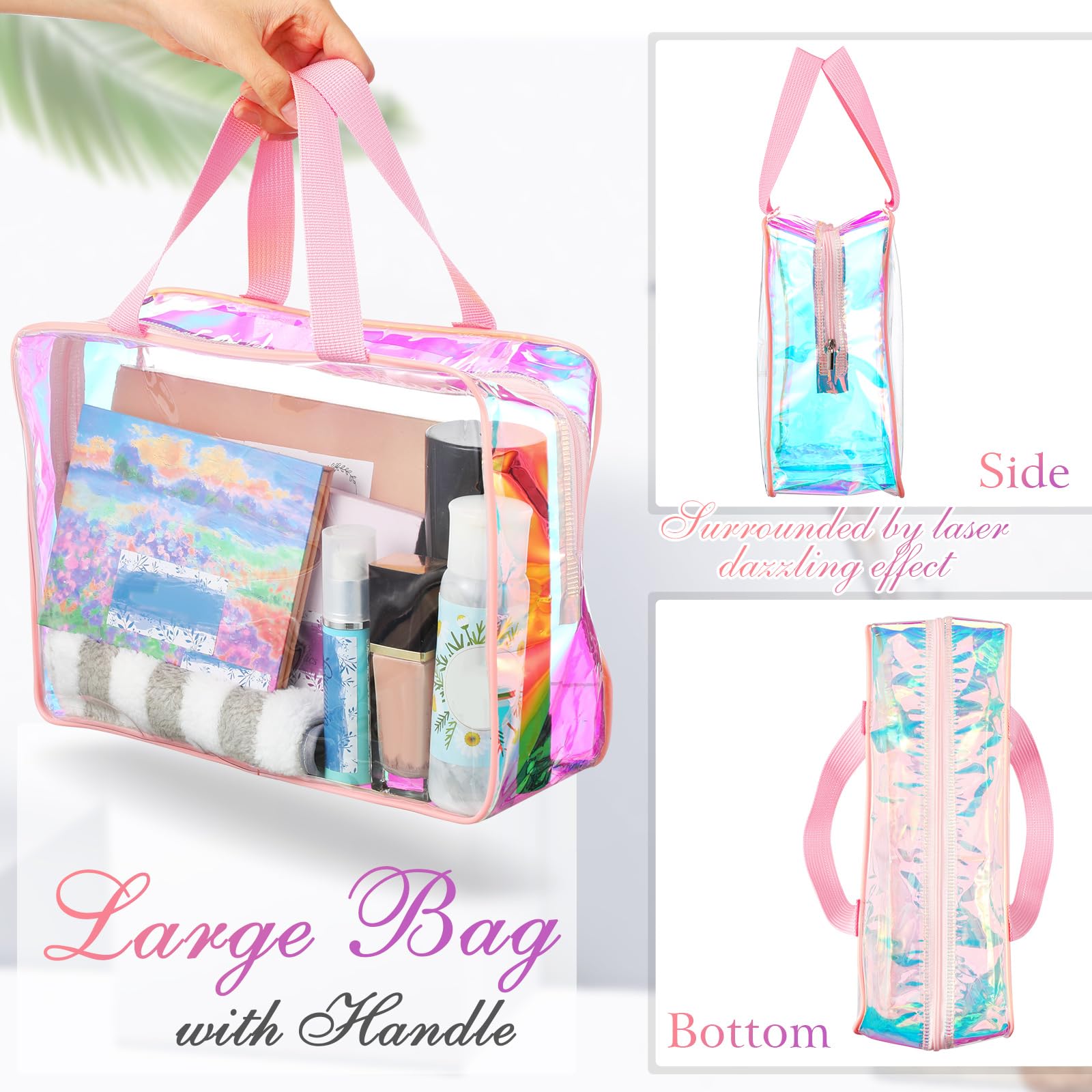 Sweetude Kulturbeutel mit Griff, groß, transparent, für Reisen, schillernd, Strand, Make-up-Tasche, PVC, transparent, für Kosmetik, Kleidung, Aufbewahrung für Damen und Herren, Pink, 12.2 x 3.94 x