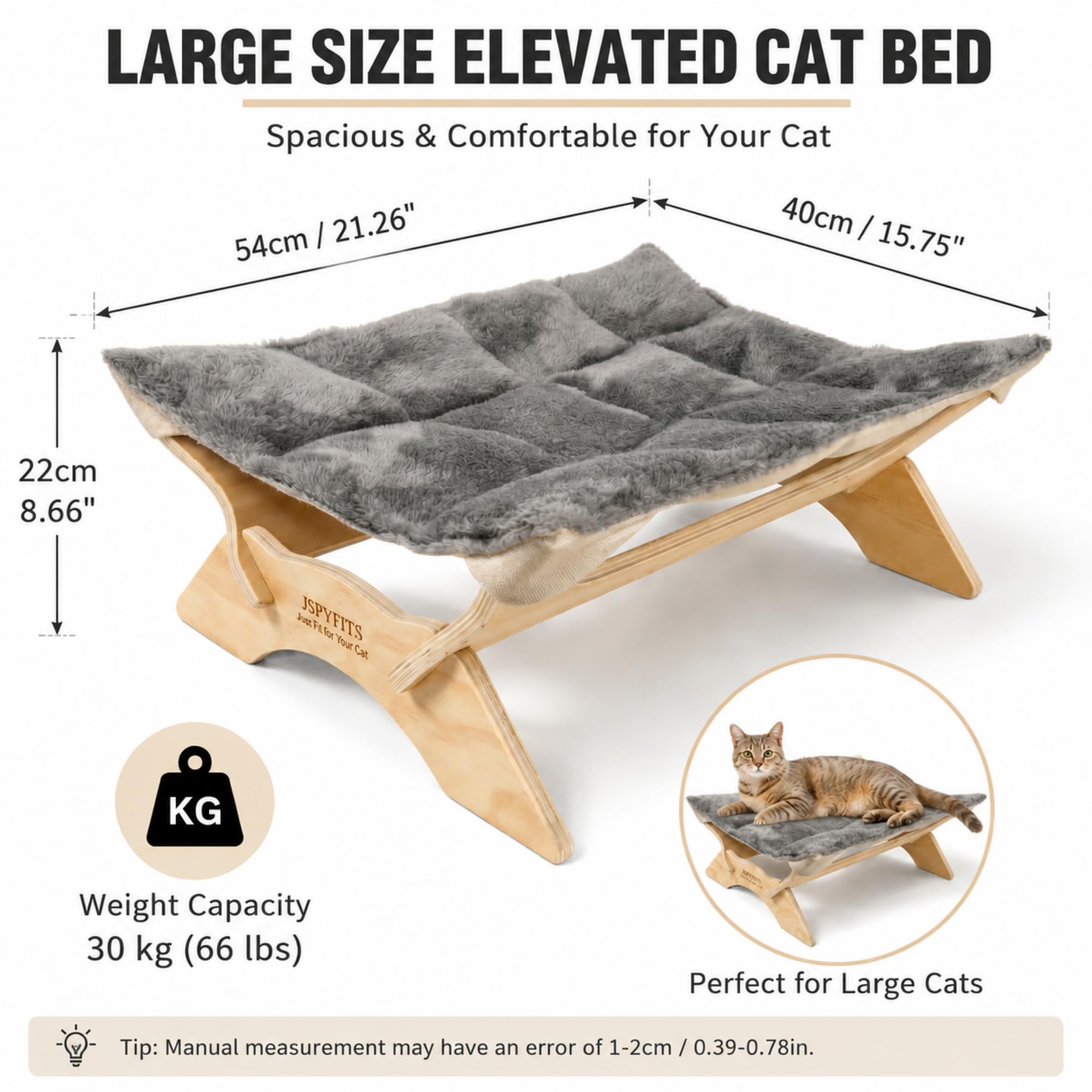JSPYFITS Katzenbett, Plüsch-Samt-Katzenbetten für Indoor-Katzen, Katzenhängematte aus Holz, 54 x 42 x21 cm, geeignet für Katzen, Hunde, Kaninchen, Kätzchen und Kleintiere Grau