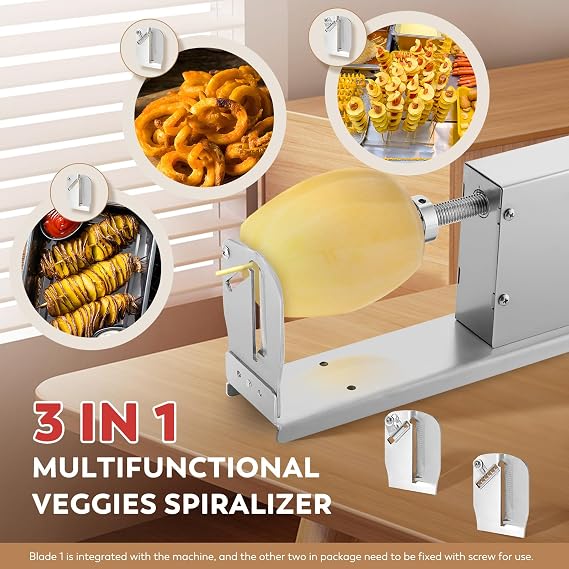 Moongiantgo Manual Tornado Potato Slicer Potato Spiral Cutter 3 in 1 Stainless Steel Twisted Potato Twister French Fry Chips Maker Vegetable Spiralizer for Sweet Potatoes Zucchini Carrots Cucumbers | Stainless Steel Potato Twister French Fry Chips Maker Vegetable Spiralizer for Sweet Potatoes Zucchini Carrots Cucumbers