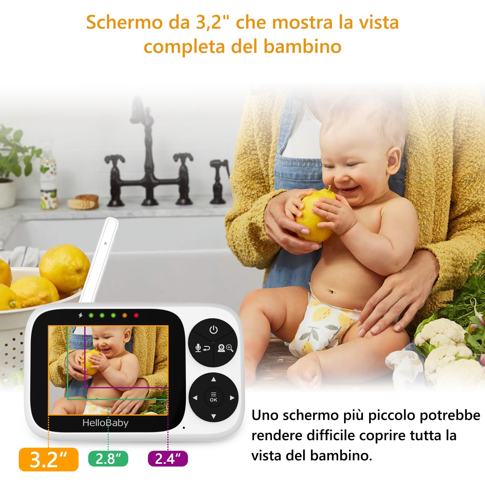 HelloBaby Baby Monitor Video e Audio telecamera bambini con monitor | Schermo IPS da 3,2", Senza WiFi, Visione Notturna, Pan-Tilt-Zoom, Allarme Ninna Nanna e Portata di 1000 Piedi