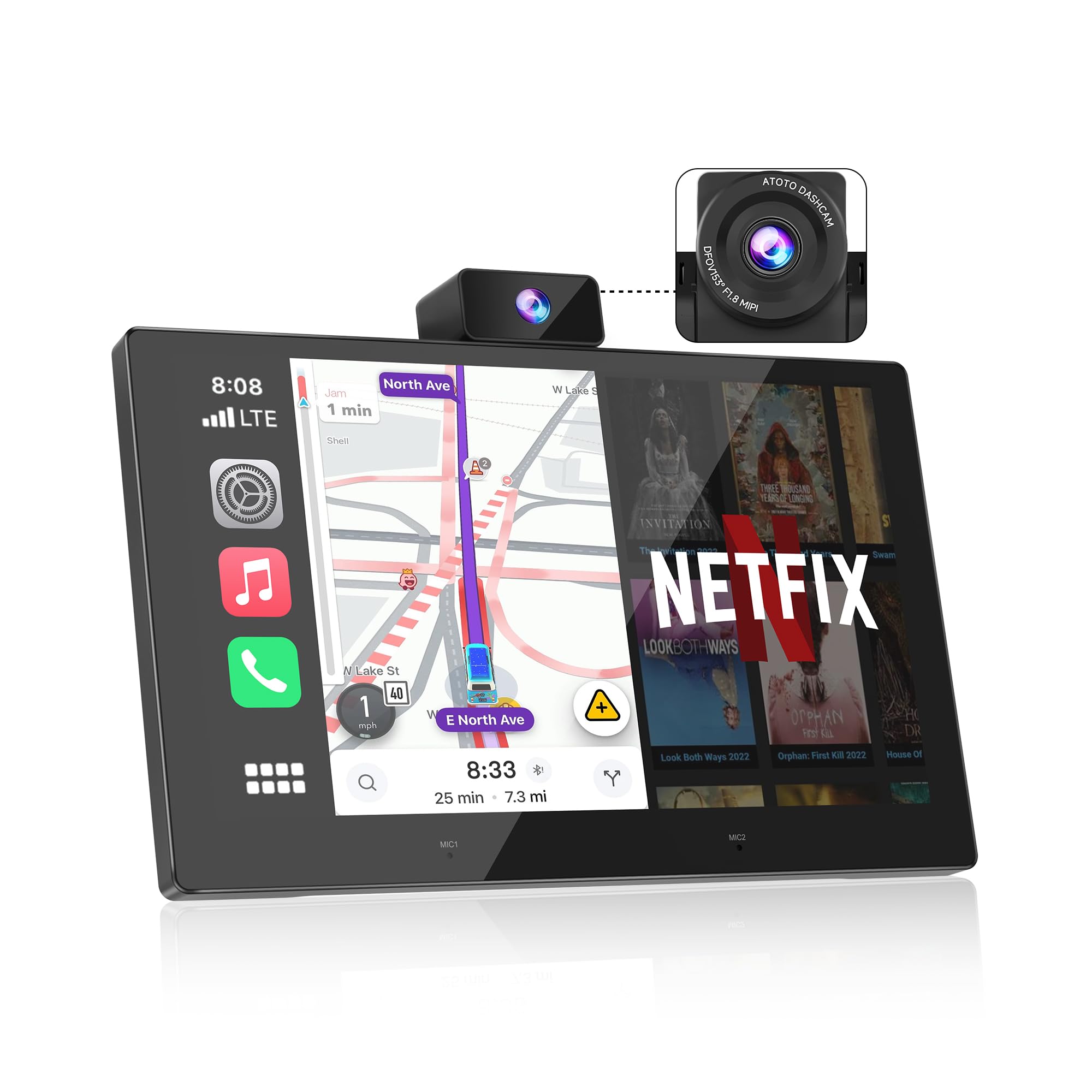 Portable Carplay Screen for Car - 9" Wireless CarPlay & Android Auto Touchscreen with DashCam, Bluetooth, GPS Navigator, Voice Control, Music Play, Plug & Play Car Stereo (P6 Standard DashCam)