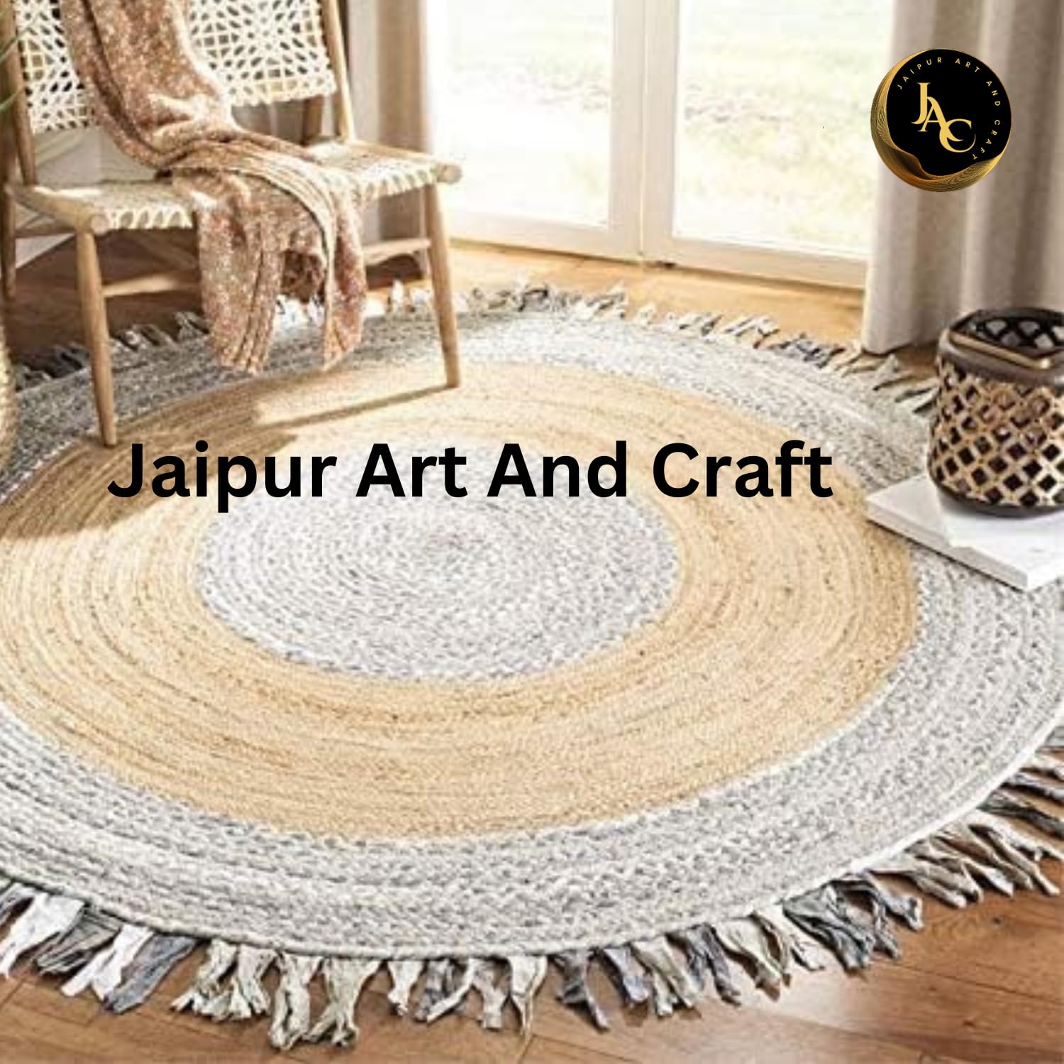 Geflochtener runder Jute- und Baumwollteppich für den Boden, natürlicher, handgefertigter Bohemian-Teppich– (9x9 Quadratfuß)