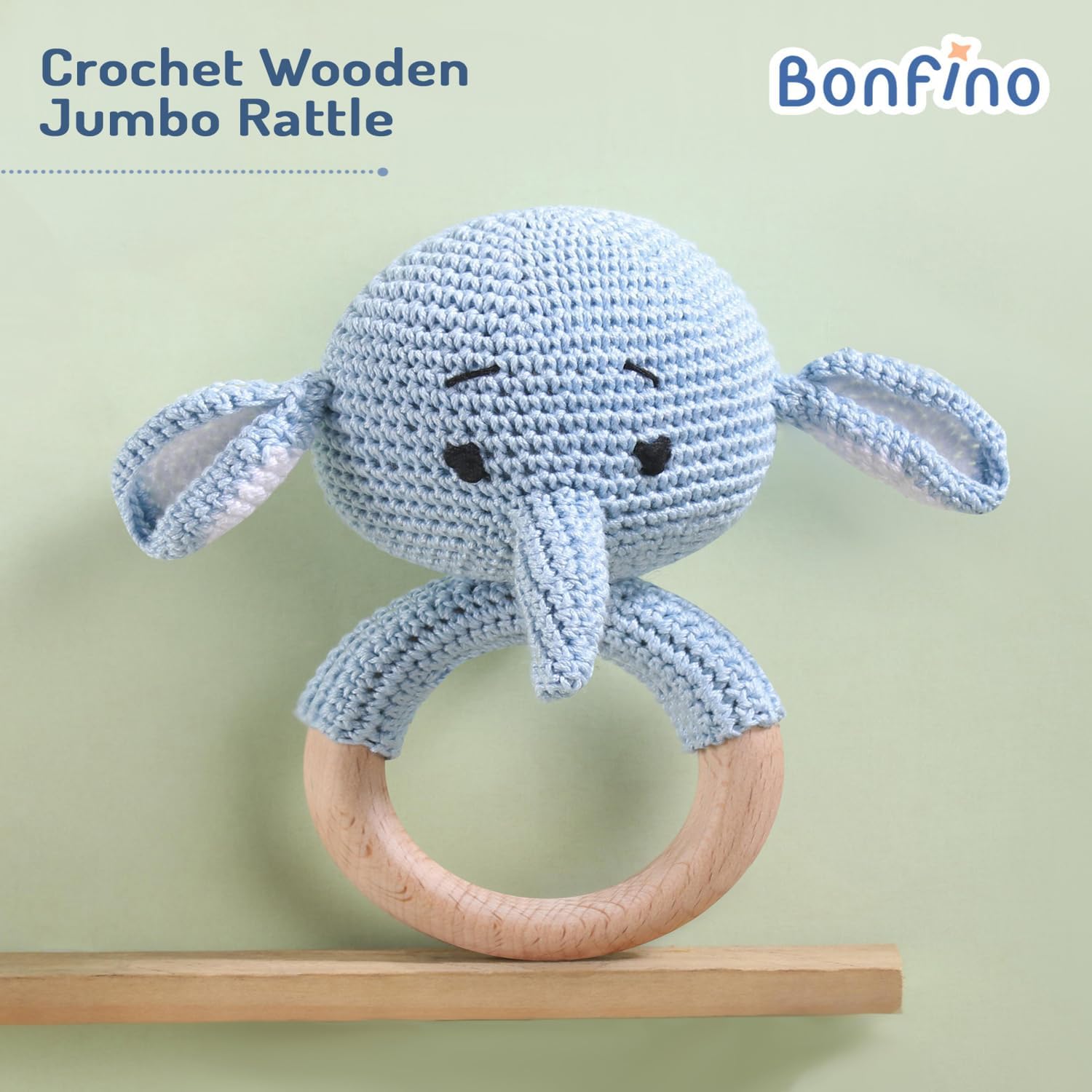 Bonfino Premium Elephant Wooden Ring Rattle–Crochet & Natural Wood Baby Rattle for 0-2 Years Girls&Boys,Safe&Durable,Non-Toxic Sensory Toy for Newborns&Toddlers,Yellow,BIS Certified,Birthday Gift,Blue 1