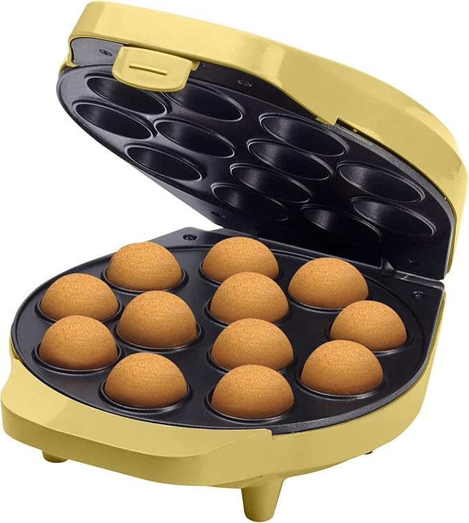 Bestron Gofrera para Cake-Pop's en Diseño Retro, Cake-Pop-Maker incl. Cake-Pop-Butler, Tenedor & 12 Cake-Pop-Sticks, con recubrimiento antiadherente, Colección Sweet Dreams, Color: Amarillo
