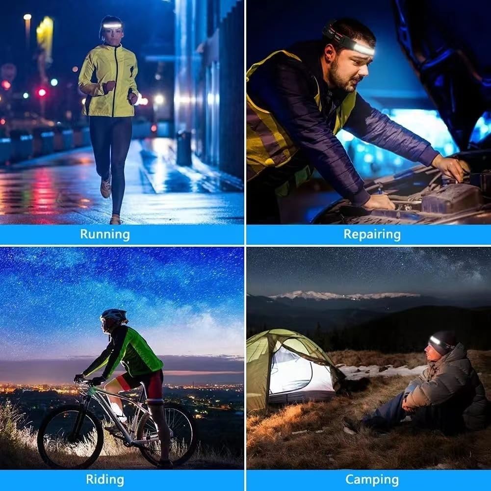 Faro recargable, faro LED con sensor de movimiento, lámpara de cabeza de haz ancho de 230 °, para senderismo, carreras, reparación, pesca, bicicleta