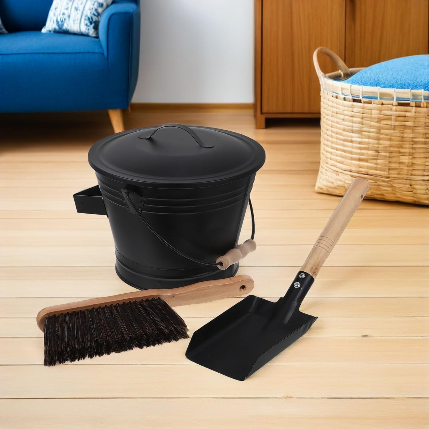 Tofficu Fireplace Tool Set with Ash Bucket, Lid, Shovel, and Broom – Heavy Duty Metal Hearth Tools for Wood Stove and Outdoor Fire Pit Cleaning, 2.5 Gallon Capacity