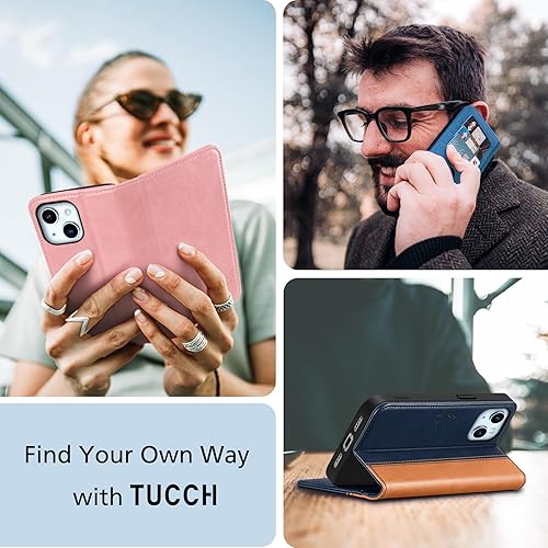 Miniatura 8 de TUCCH Funda tipo cartera para iPhone 15 de 6.1 pulgadas, 3 ranuras para tarjetas con función atril de piel sintética bloqueo RFID, funda abatible
