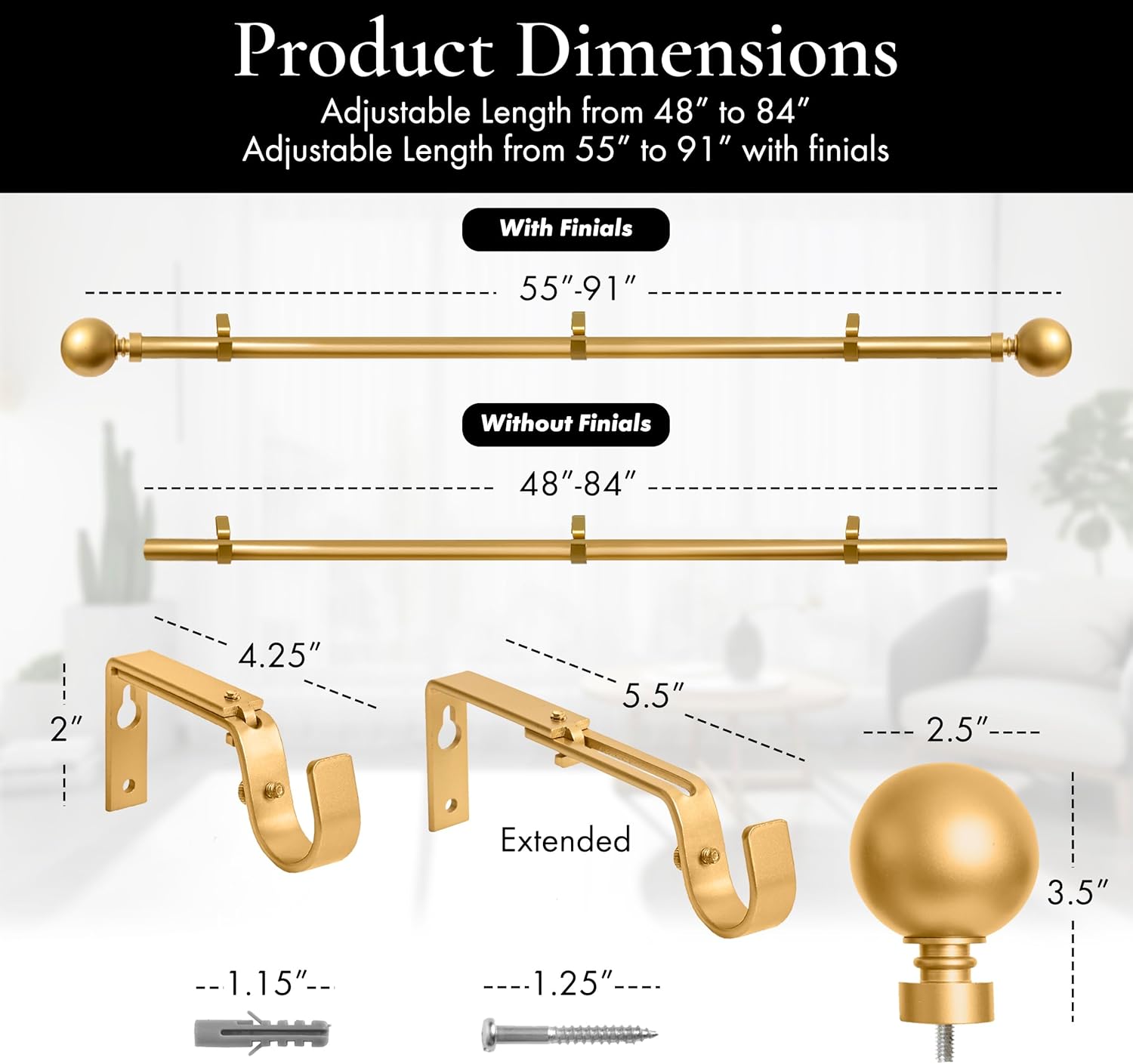 Meriville 1-Inch Diameter Ball Single Window Treatment Curtain Rod, 48-Inch to 84-Inch, Gold