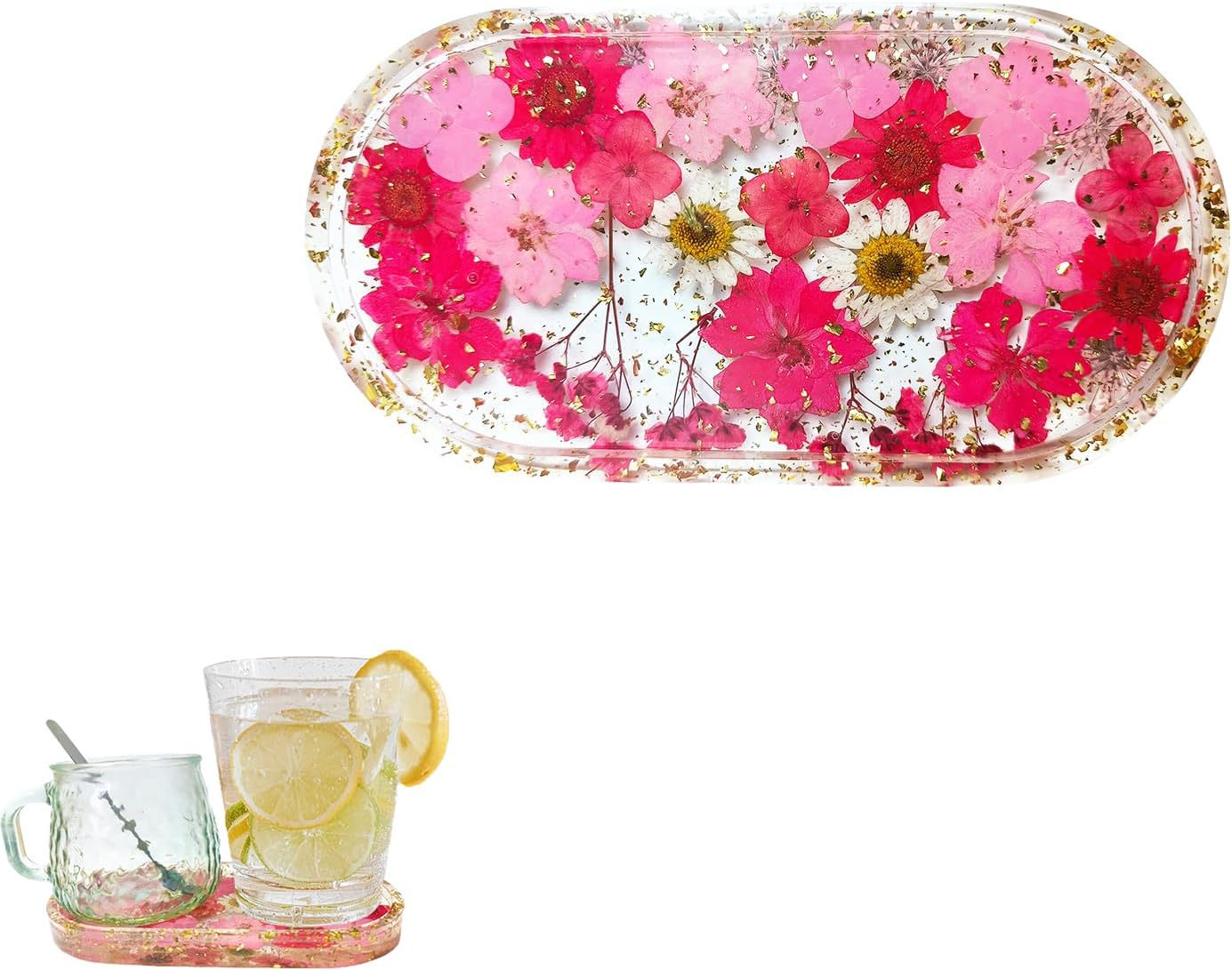 Drink Coasters Handmade Floral Epoxy Coasters Aesthetic and Cute Coasters for Drinks Colorful Flower Cup Mat Long Coffee Coasters for Desk (1 Pack)