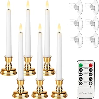 LED Christmas Flamless Window Candles with Timer, 8 Inch Battery Operated Taper Candles with Remote, Realistic Dancing Flickering Flame Candle with Gold Holders and Suction Cups for Decorations Party