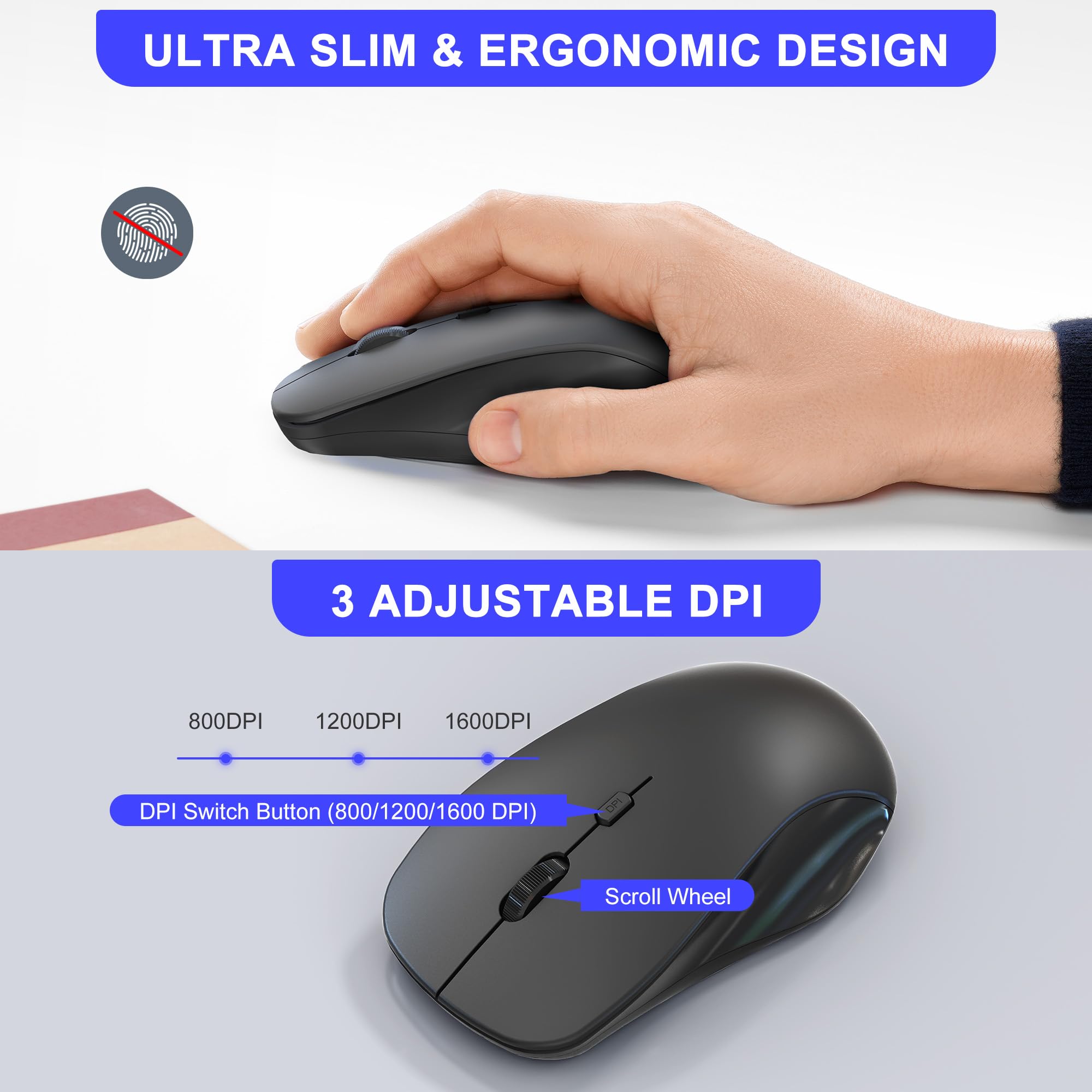 Combo de mouse inalámbrico y almohadilla numérica, teclado USB de 22 teclas y 3 mouse silencioso DPI ajustables, teclado numérico ultra delgado y portátil de 2.4 GHz para laptop, PC, escritorio