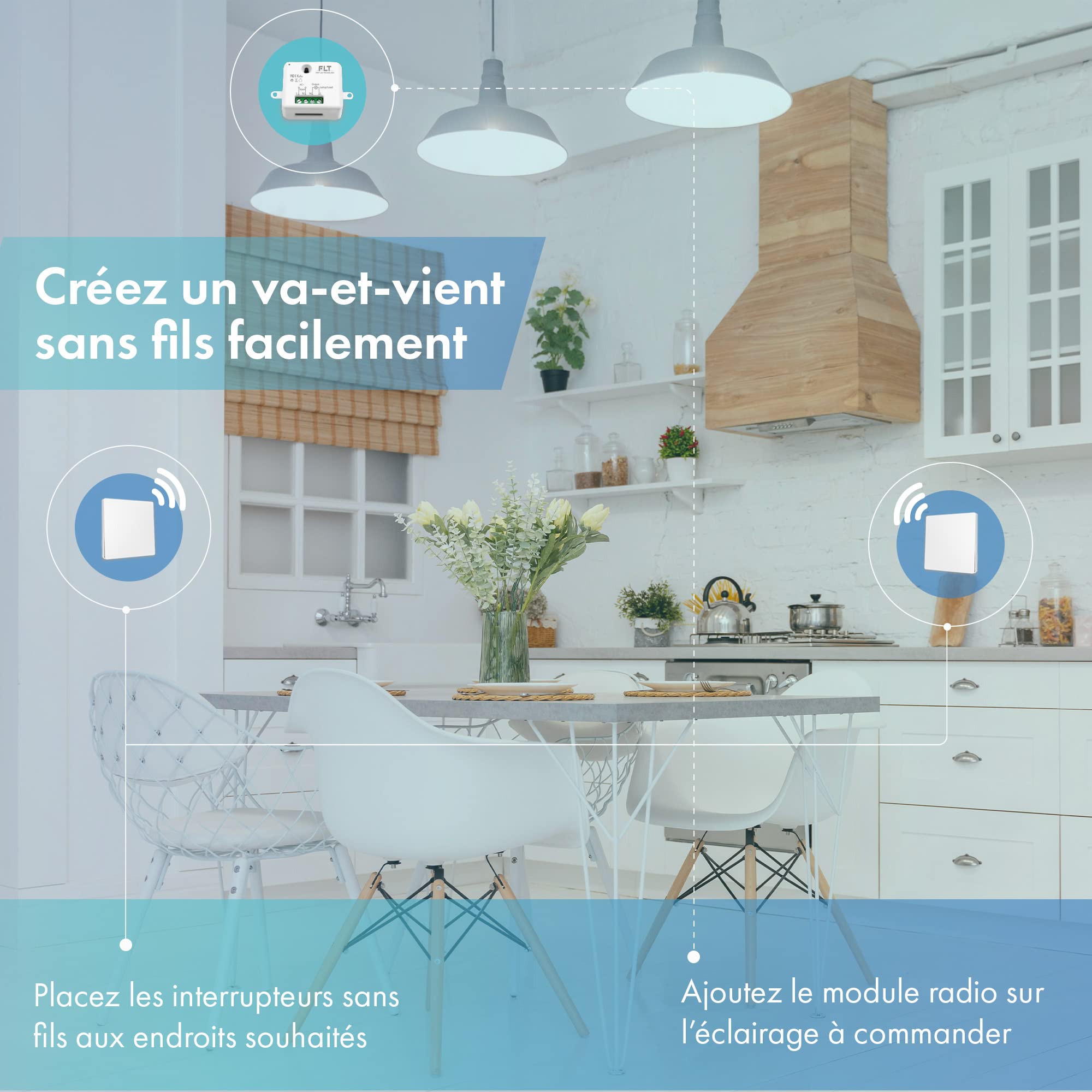 Interrupteur sans fil et sans pile Auto alimenté - Écologique - Qualité Pro - Va et vient RF 5 télécommande + 1 relais radio encastrable - Longue Distance - Intérieur Extérieur IP64