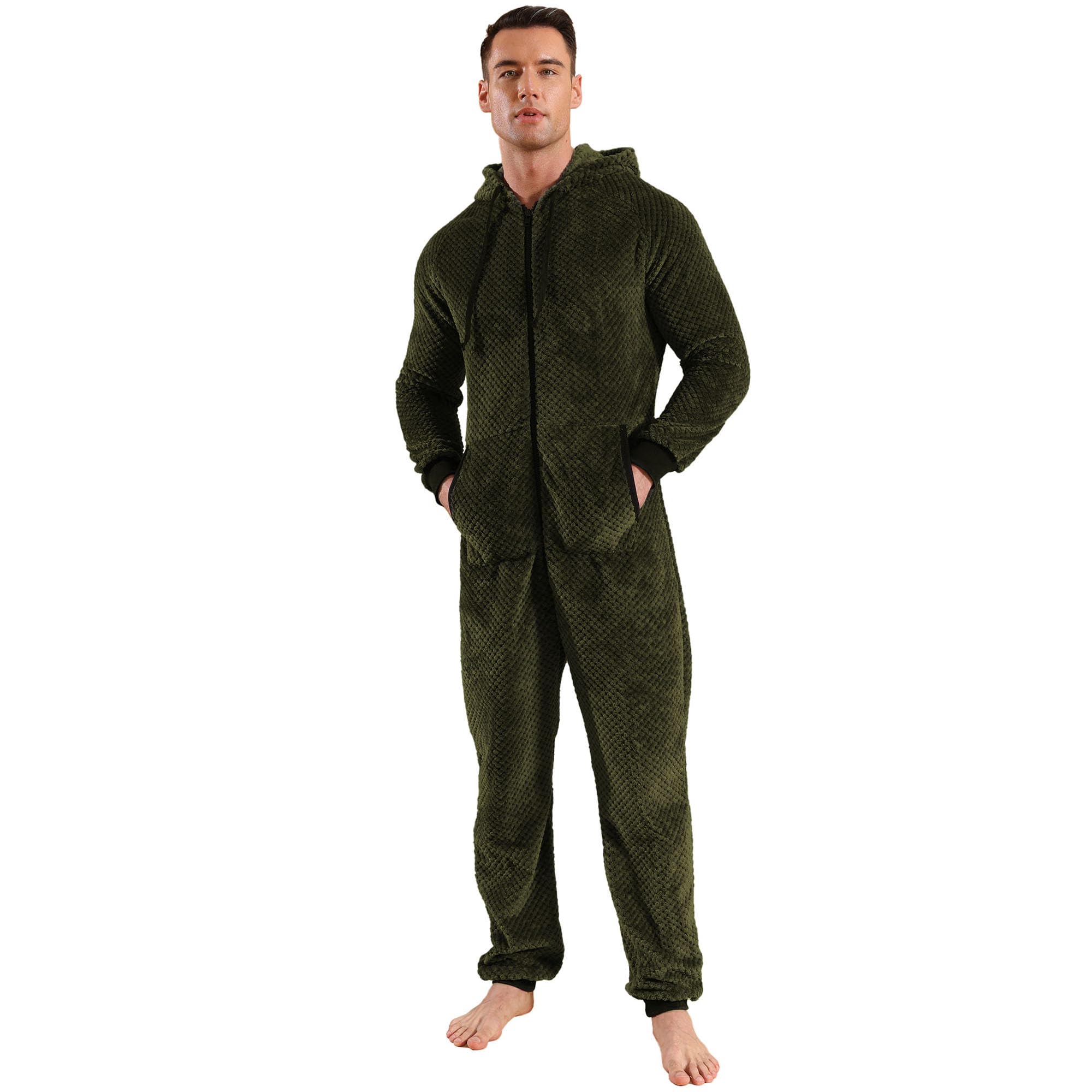 Męski kombinezon Onesie polarowy wzór kratki kombinezon piżama z długim rękawem, jednoczęściowy, zimowy kombinezon termiczny, kombinezon do spania, bielizna nocna