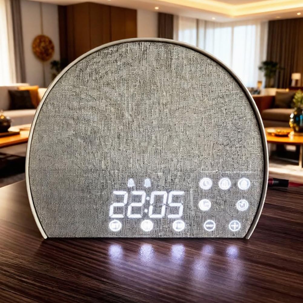 Reloj despertador con textura de tela con luz nocturna cálida, biblioteca de sonido de ruido blanco, sintonizador de radio FM y opciones de sincronización de alarma dual