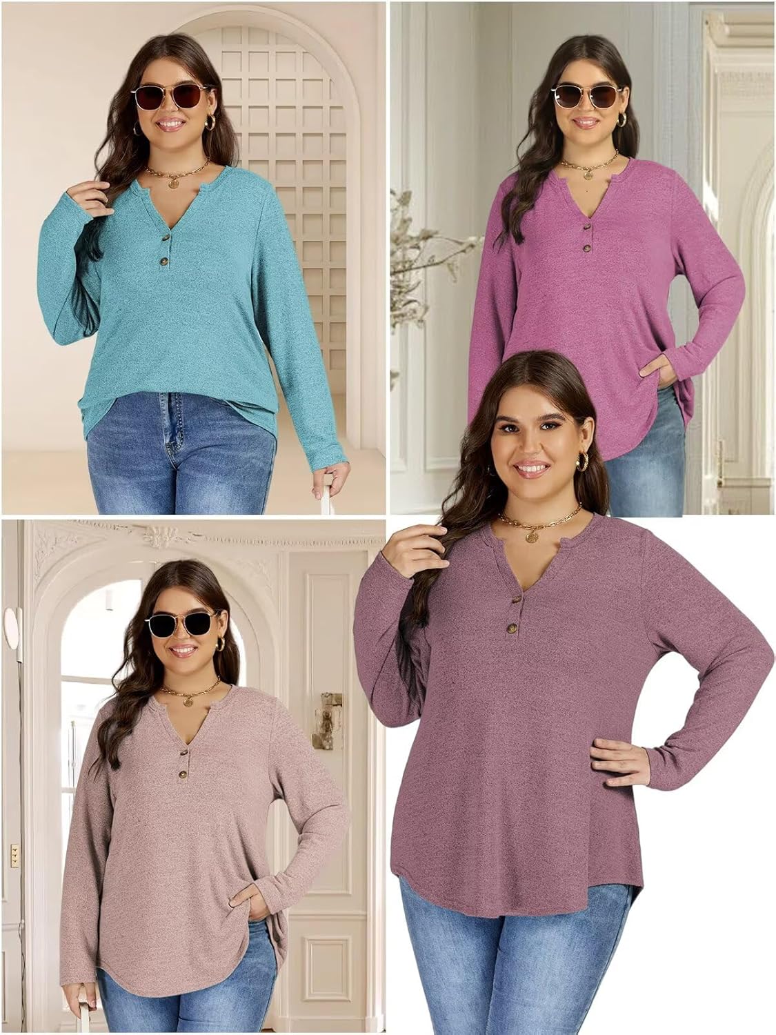 DOLNINE Womens-Plus-Size-Tops Trendy Henley Button Shirts Casual V Neck Long Sleeve Tunic Sweatshirts XL-5XL - Image 4
