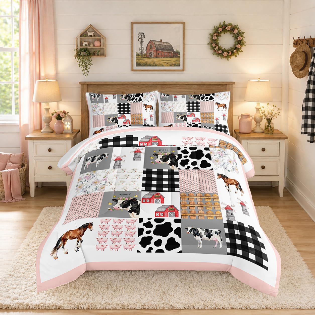 Lit jumeau pour filles et garçons avec parure animaux de ferme