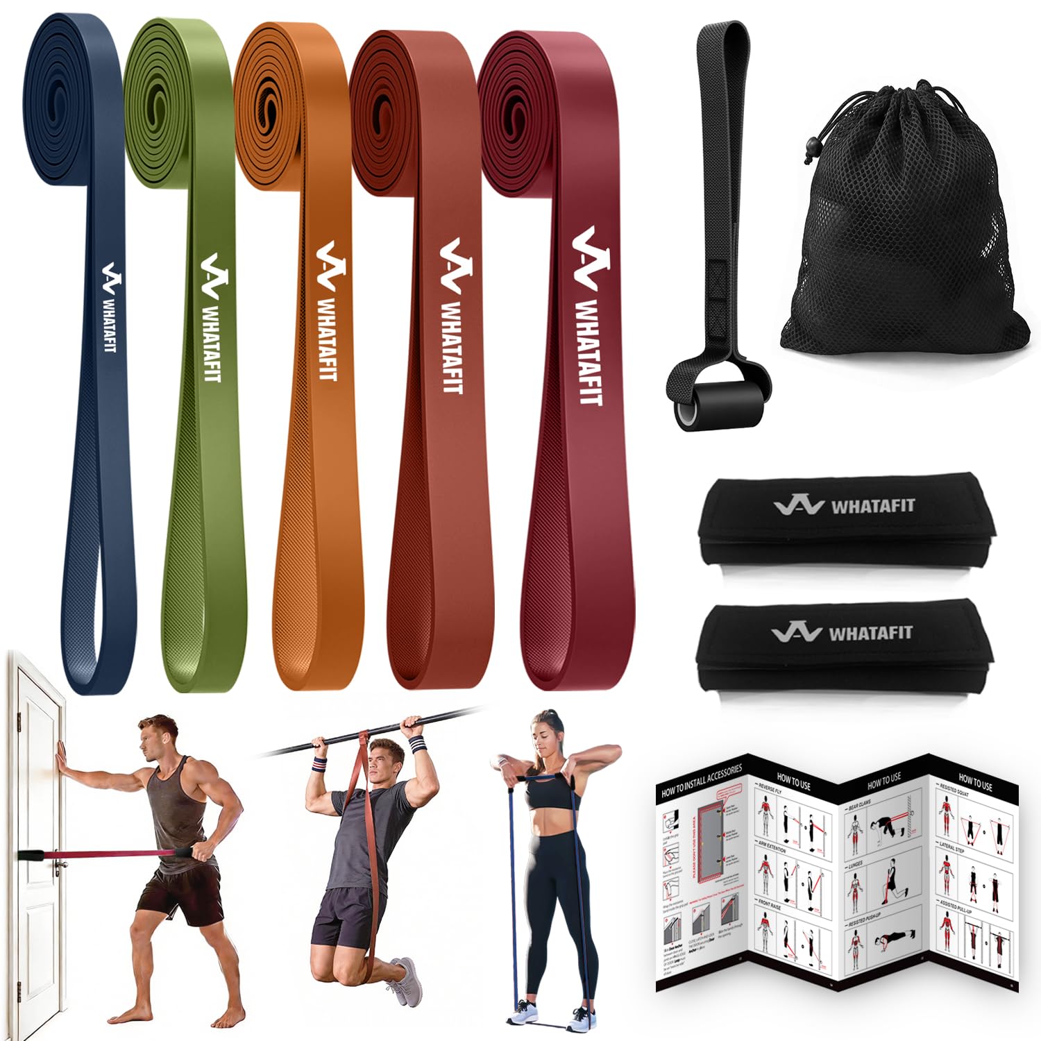 WHATAFIT Resistance Bands, Pull Up Assist Bands with Handles, Door Anchor